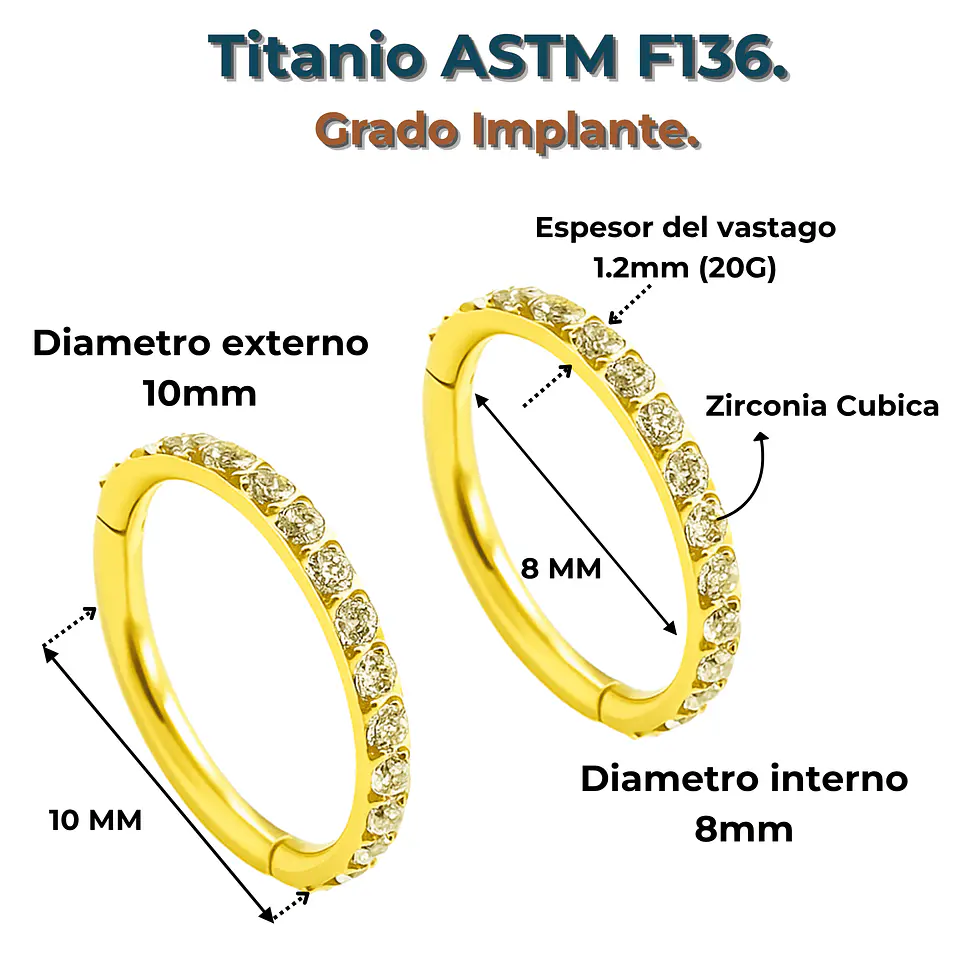Argollas Emma 8mm 16G Titanio F136 Zirconia PVD oro 18k 4