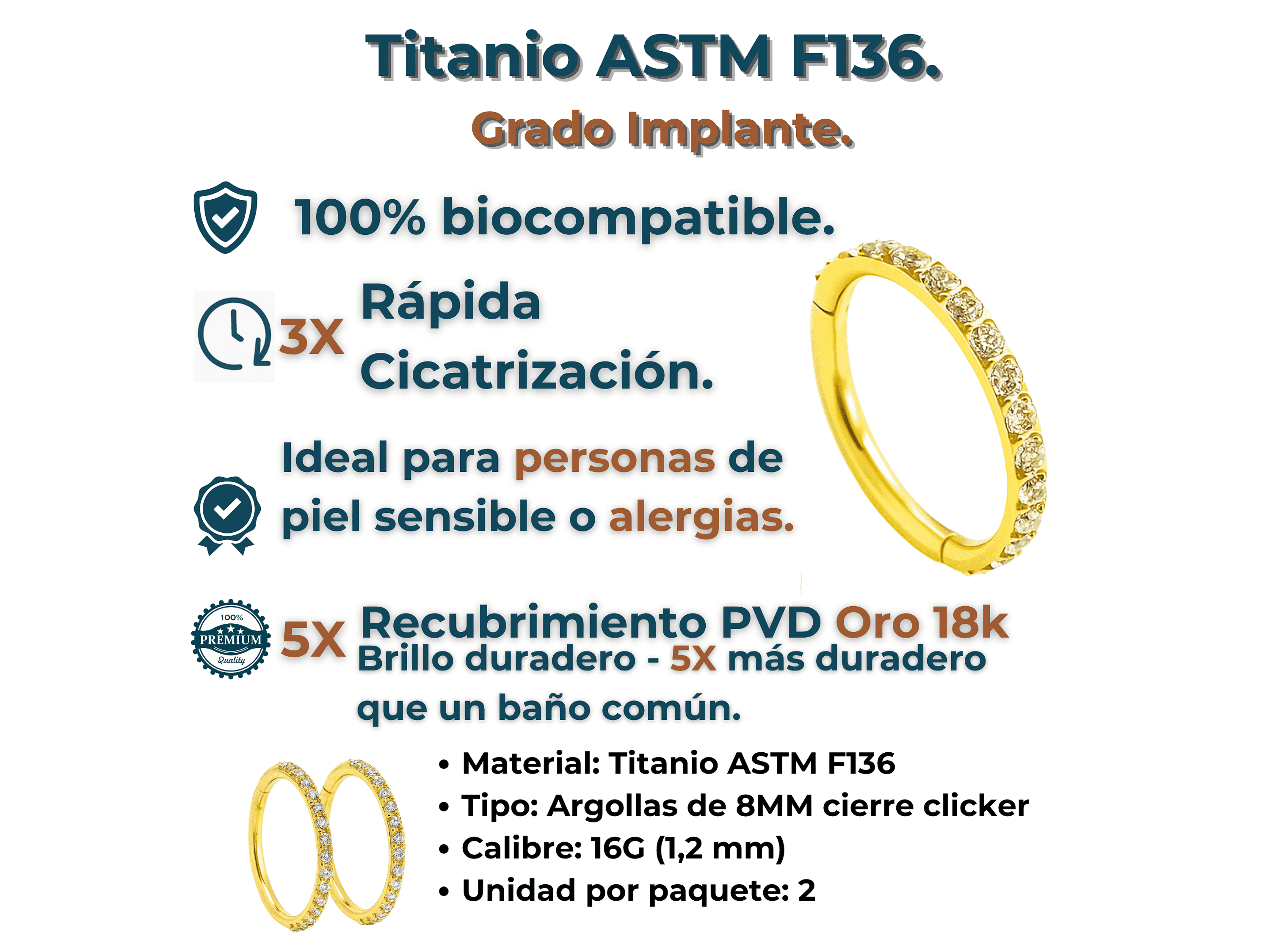 Argollas Huggies 8mm  16g Titanio F136 Zirconia Chapada Oro  2