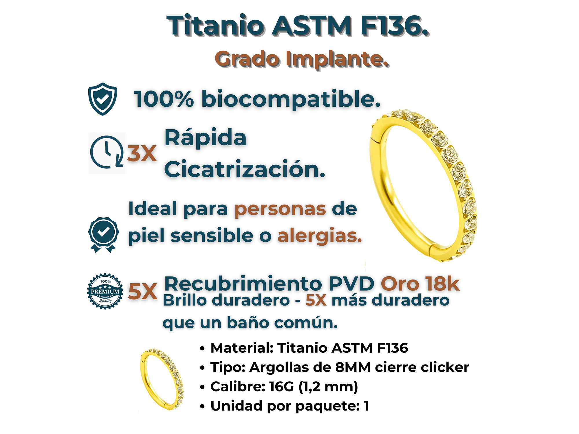 Piercing Septum 8mm Oreja Chapado En Oro Titanio Astm F136 2