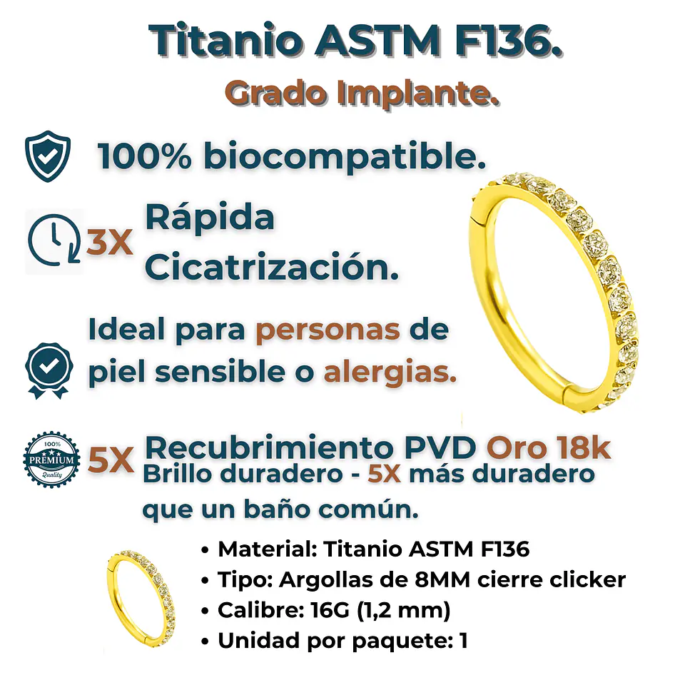 Piercing Emma Septum 8mm 16G Oreja Chapado En Oro Titanio Astm F136 2