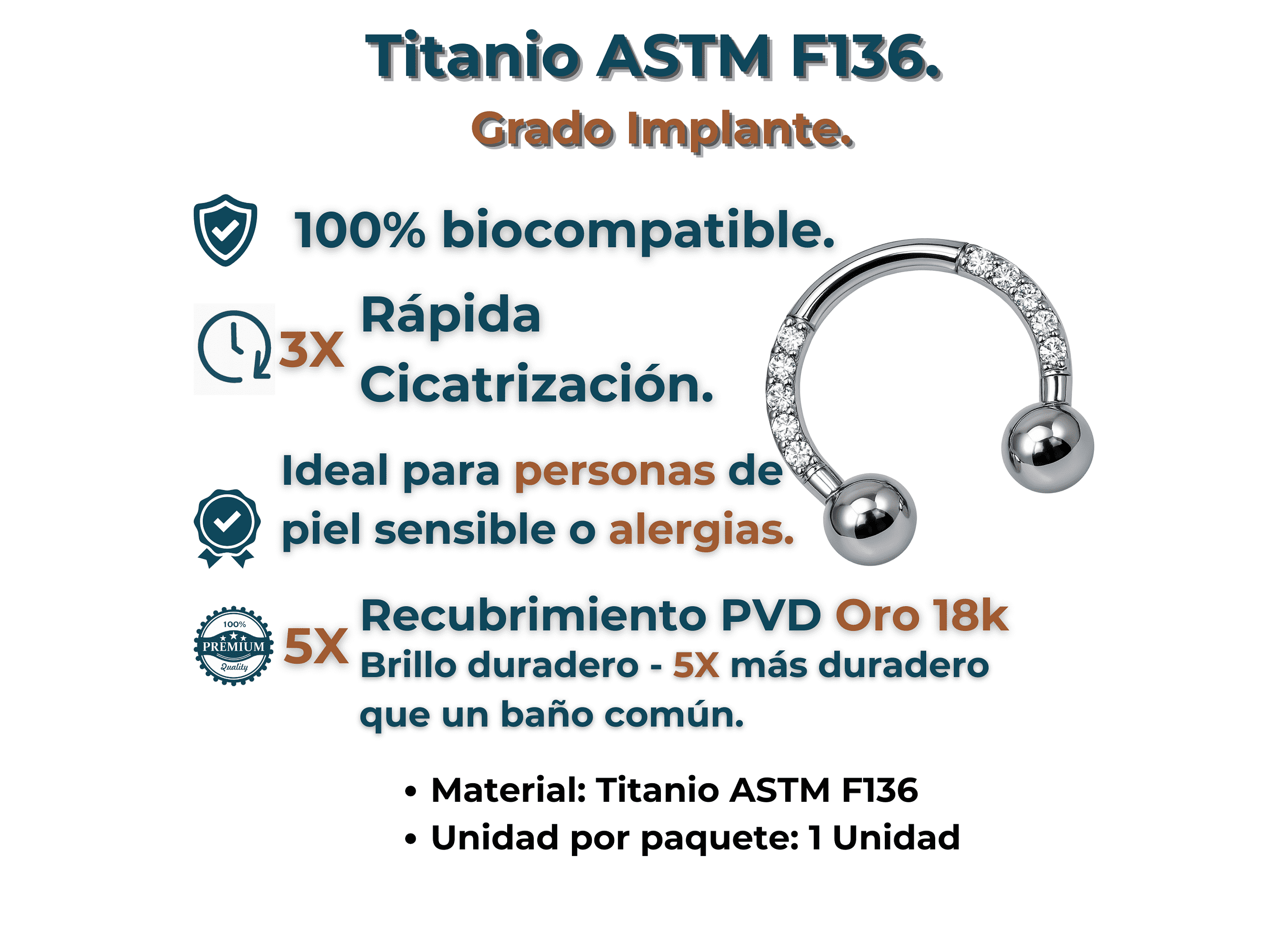 Piercing Septum 16g 8mm Titanio Astm F136 Aro Zirconia 2