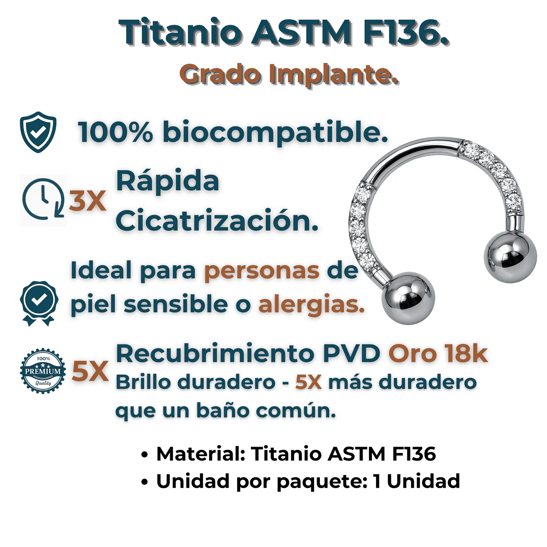 Piercing Septum 16g 8mm Titanio Astm F136 Aro Zirconia 2