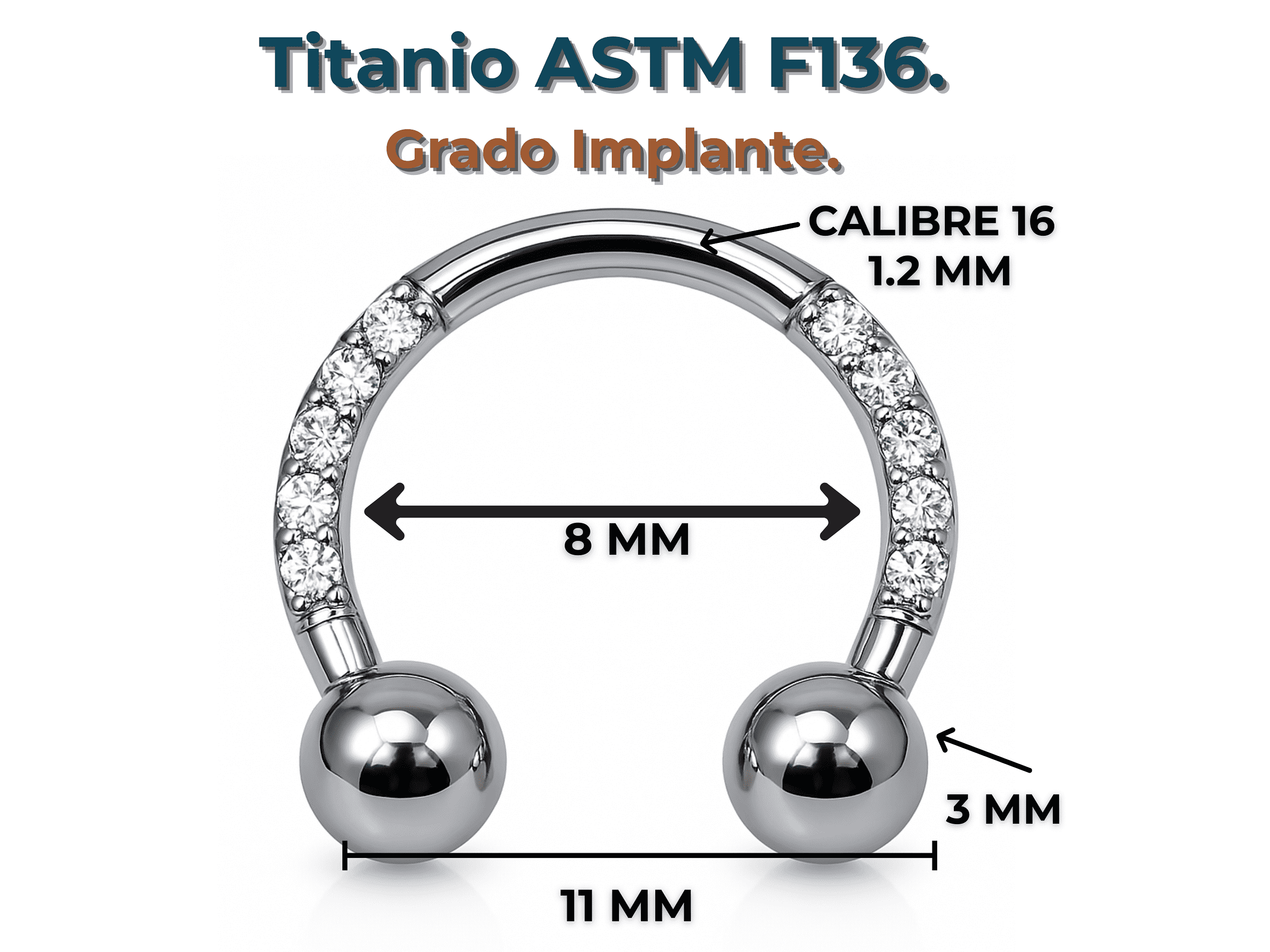 Piercing Septum 16g 8mm Titanio Astm F136 Aro Zirconia 3