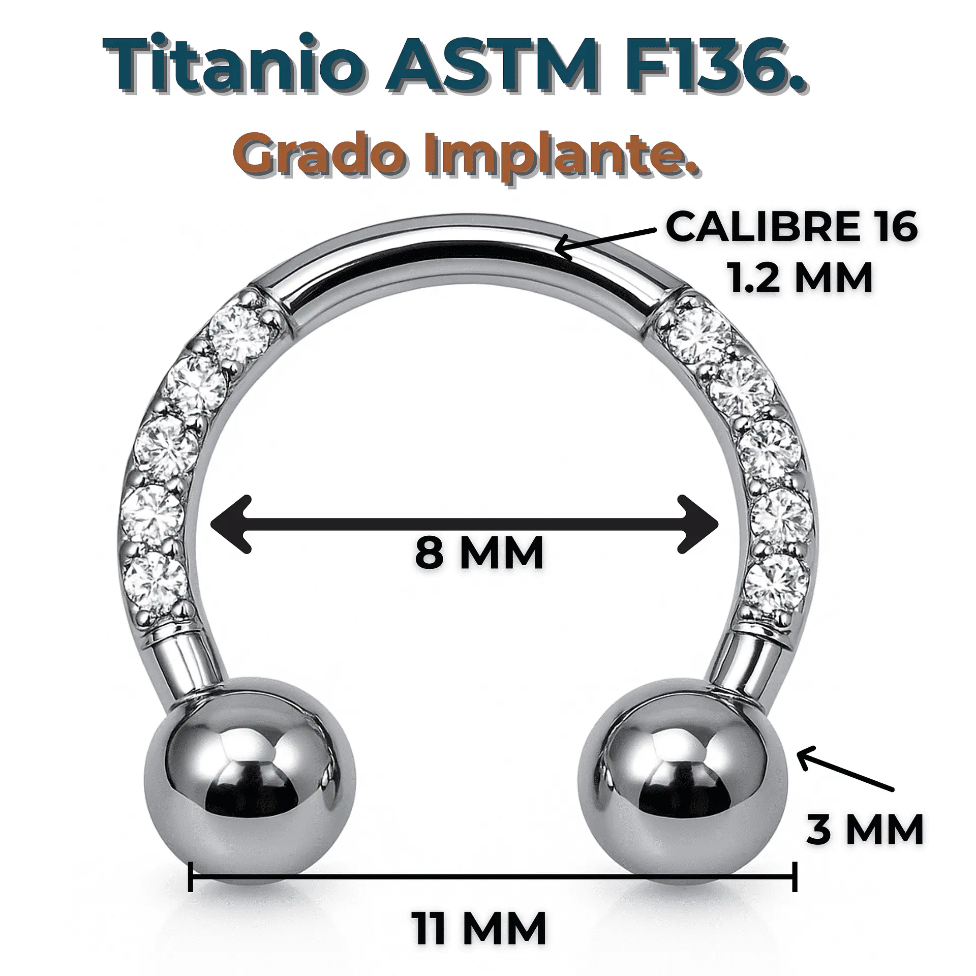 Piercing Septum 16g 8mm Titanio Astm F136 Aro Zirconia 3