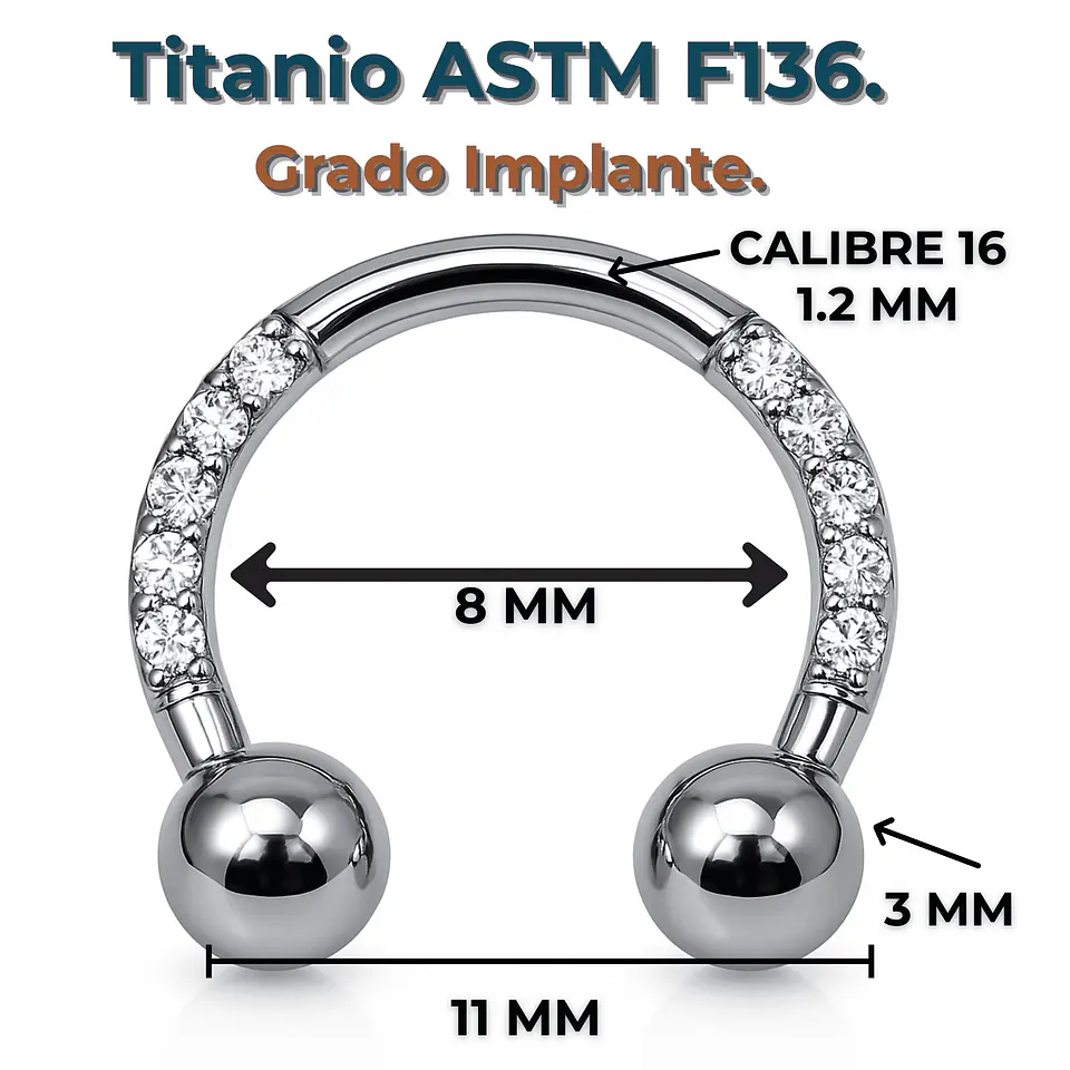 Piercing Septum 16g 8mm Titanio Astm F136 Aro Zirconia 3