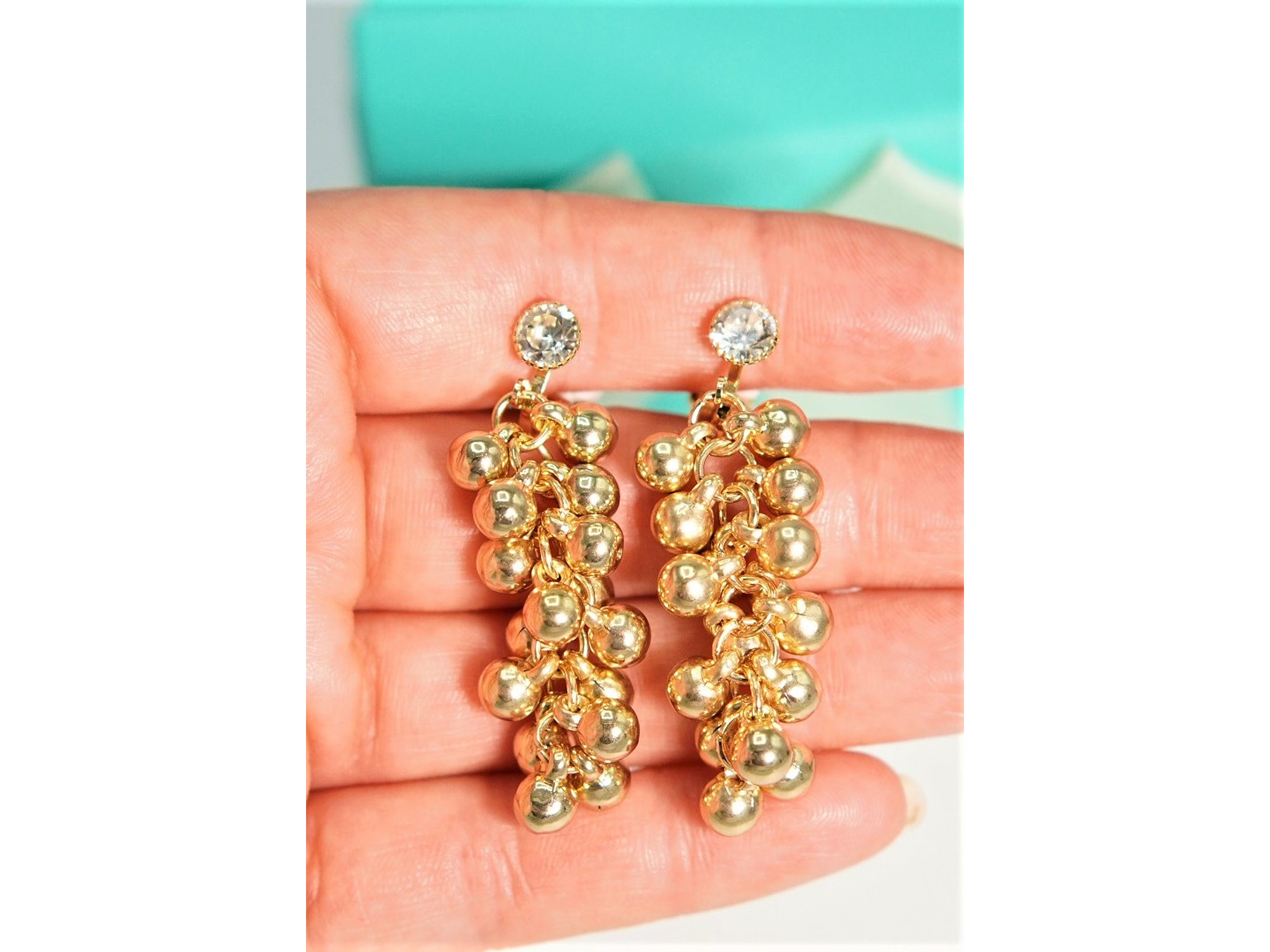 Aros largos Jade sin perforacion esferas cascada chapadas en oro 14k 10