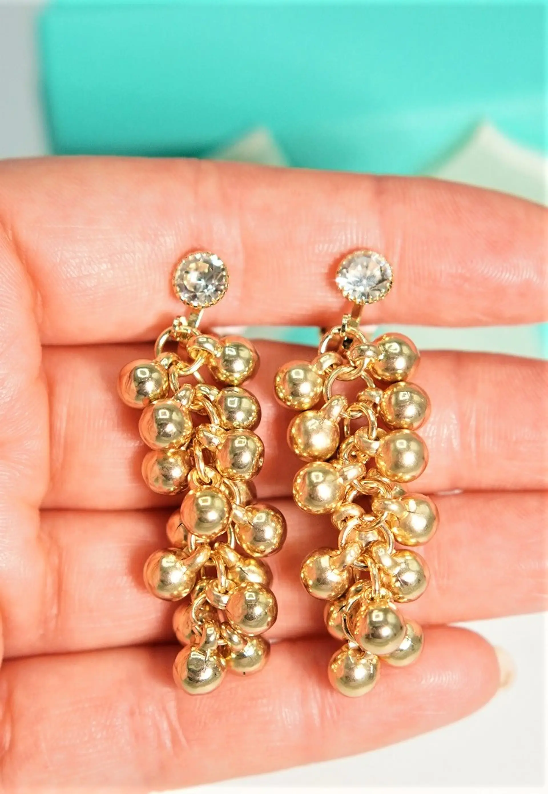 Aros largos Jade sin perforacion esferas cascada chapadas en oro 14k 10