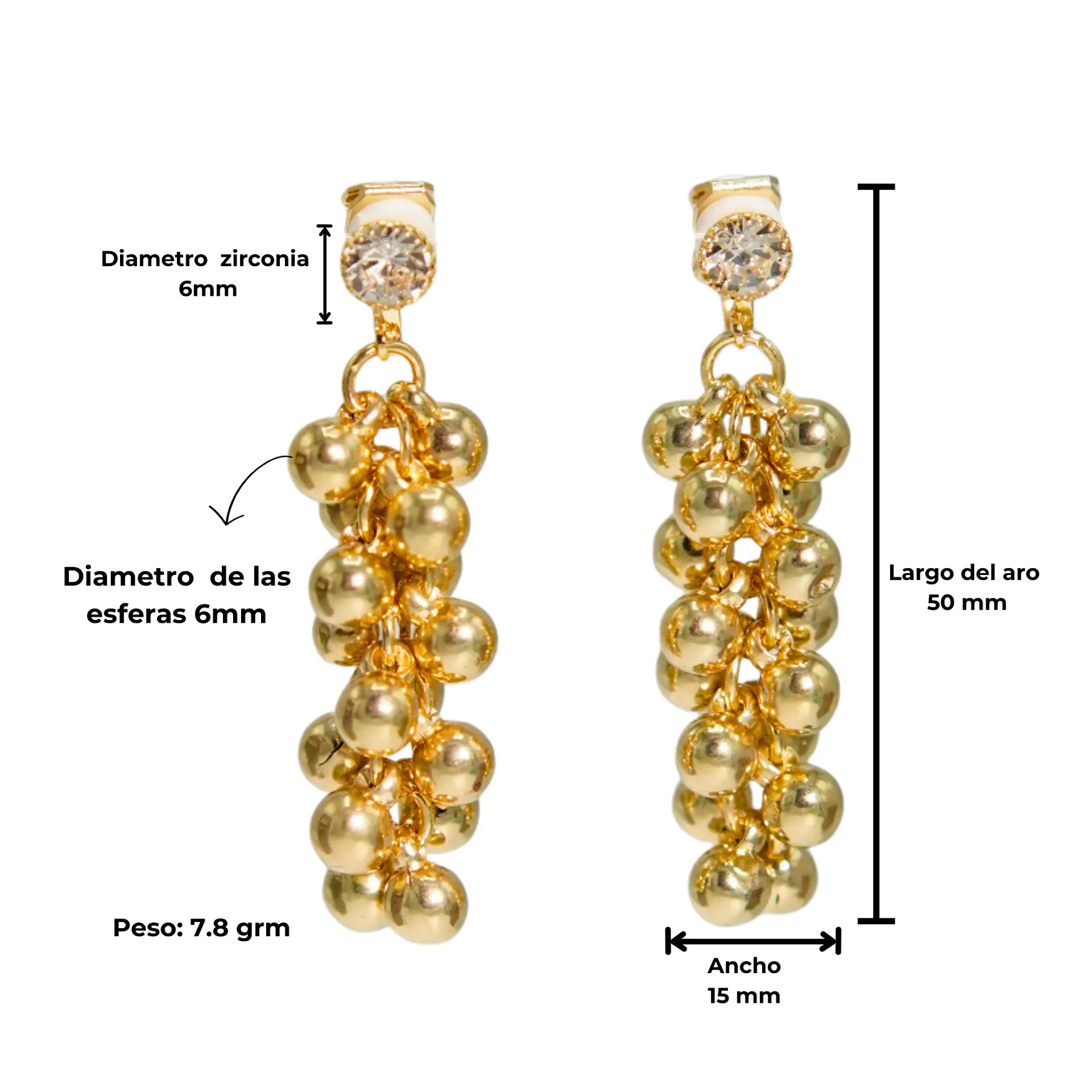 Aros largos Jade sin perforacion esferas cascada chapadas en oro 14k 4