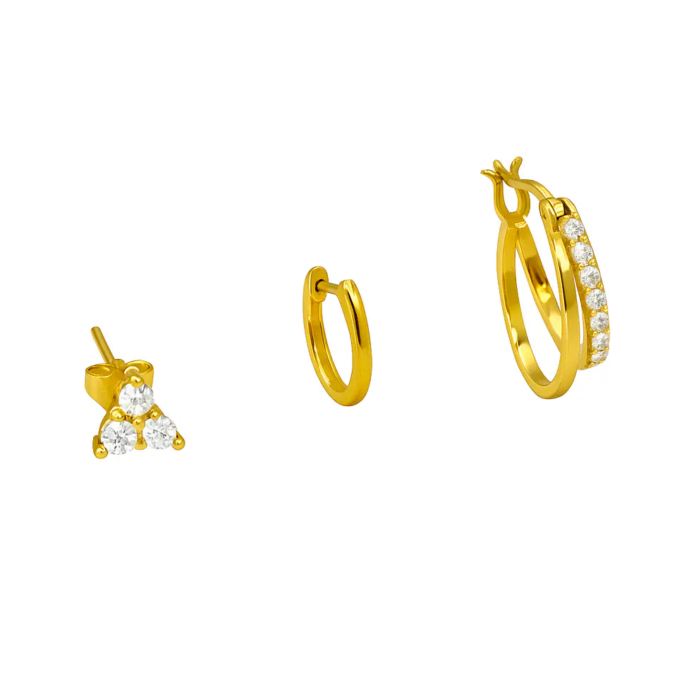 Pack de 3 aros argollas Lia plata 925 baño de oro 18k 1