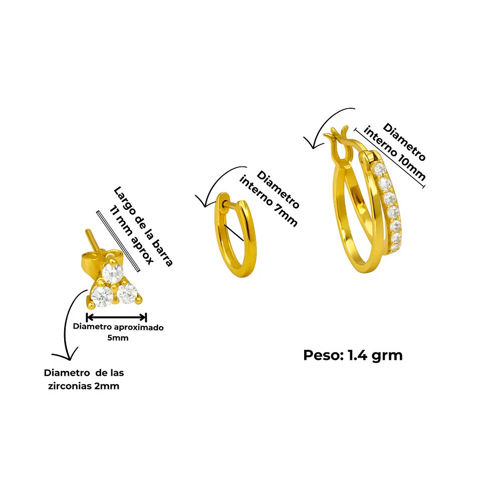 Pack de 3 aros argollas Lia plata 925 baño de oro 18k 4
