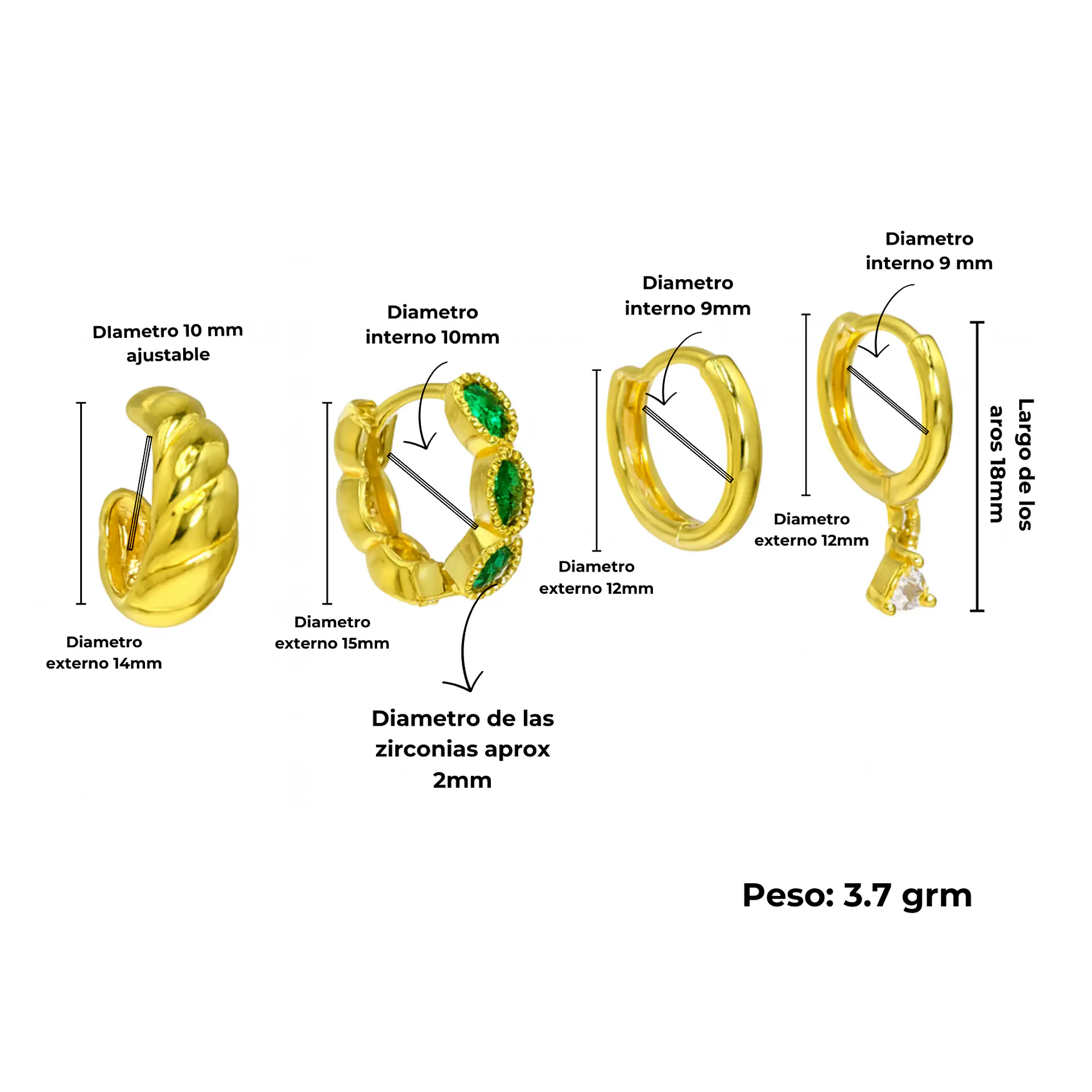 Pack de 4 aros Verona chapados en oro 18k 4