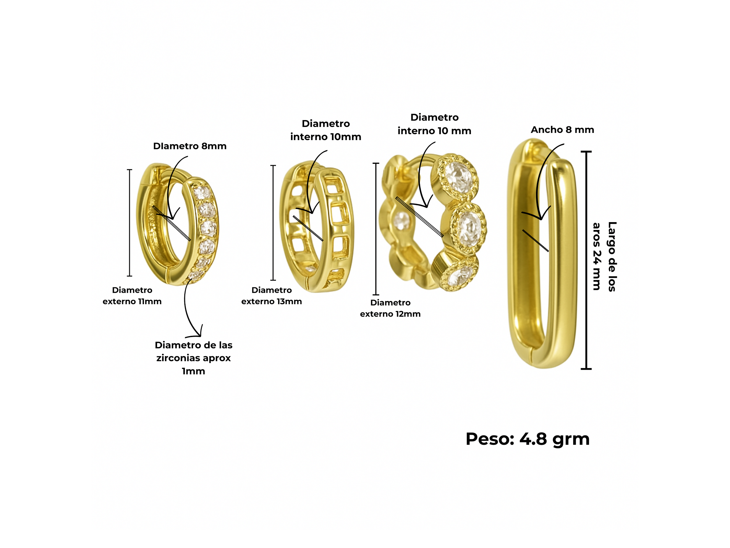 Pack de 4 argollas Gianna chapadas en oro 18k 3