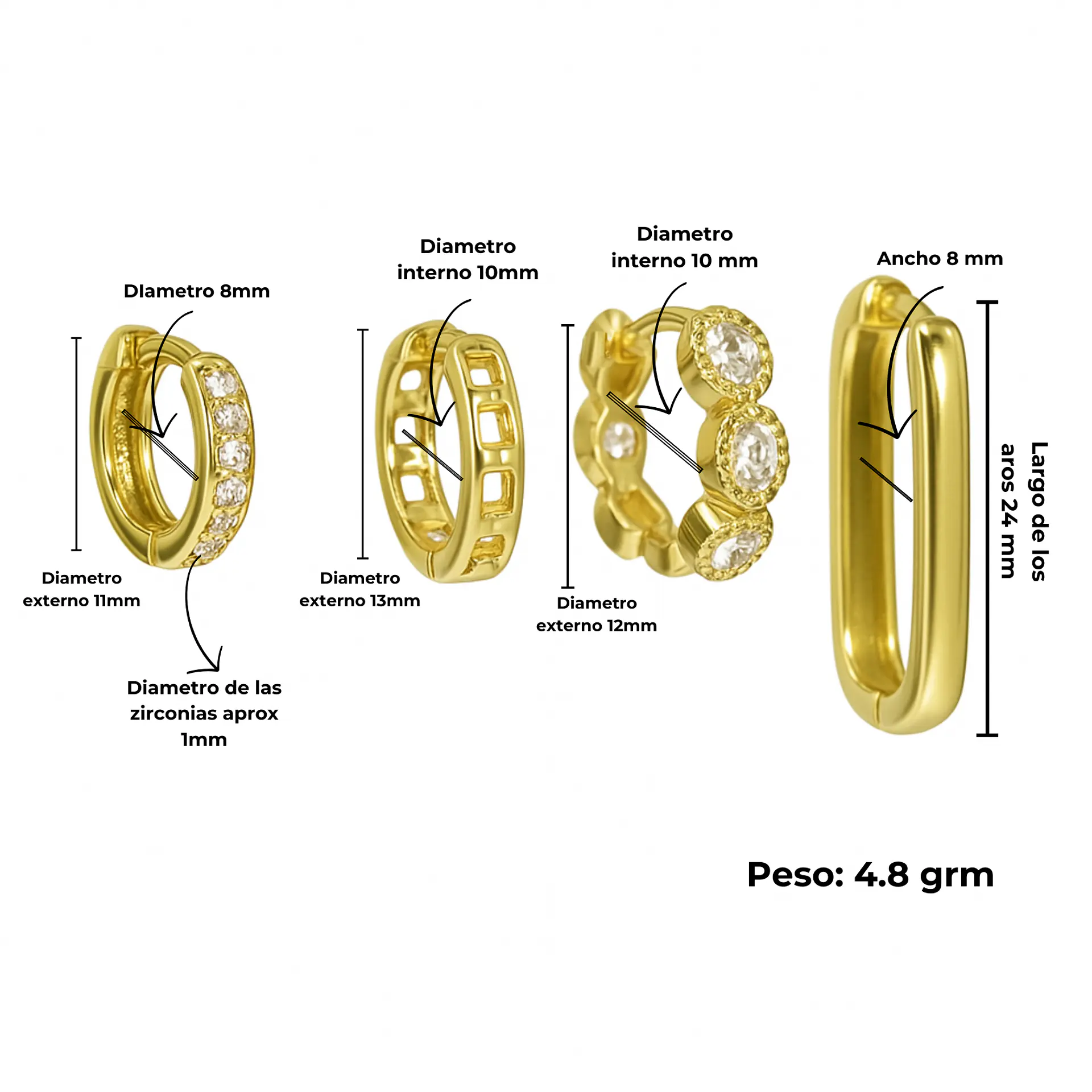 Pack de 4 argollas Gianna chapadas en oro 18k 3