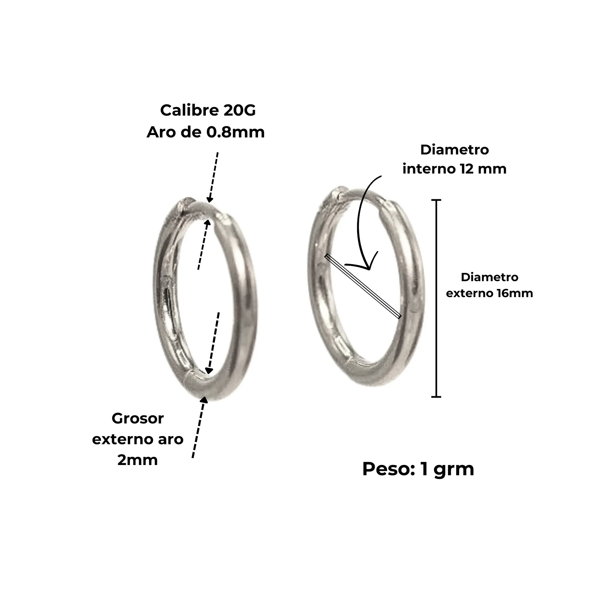 Argollas lisas Aura 12mm Titanio Astm F136 plateadas 3