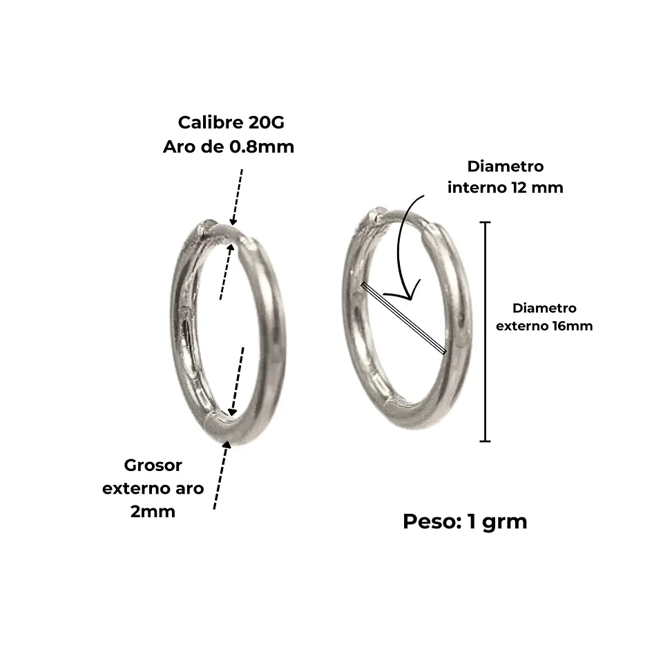 Argollas lisas Aura 12mm Titanio Astm F136 plateadas 3