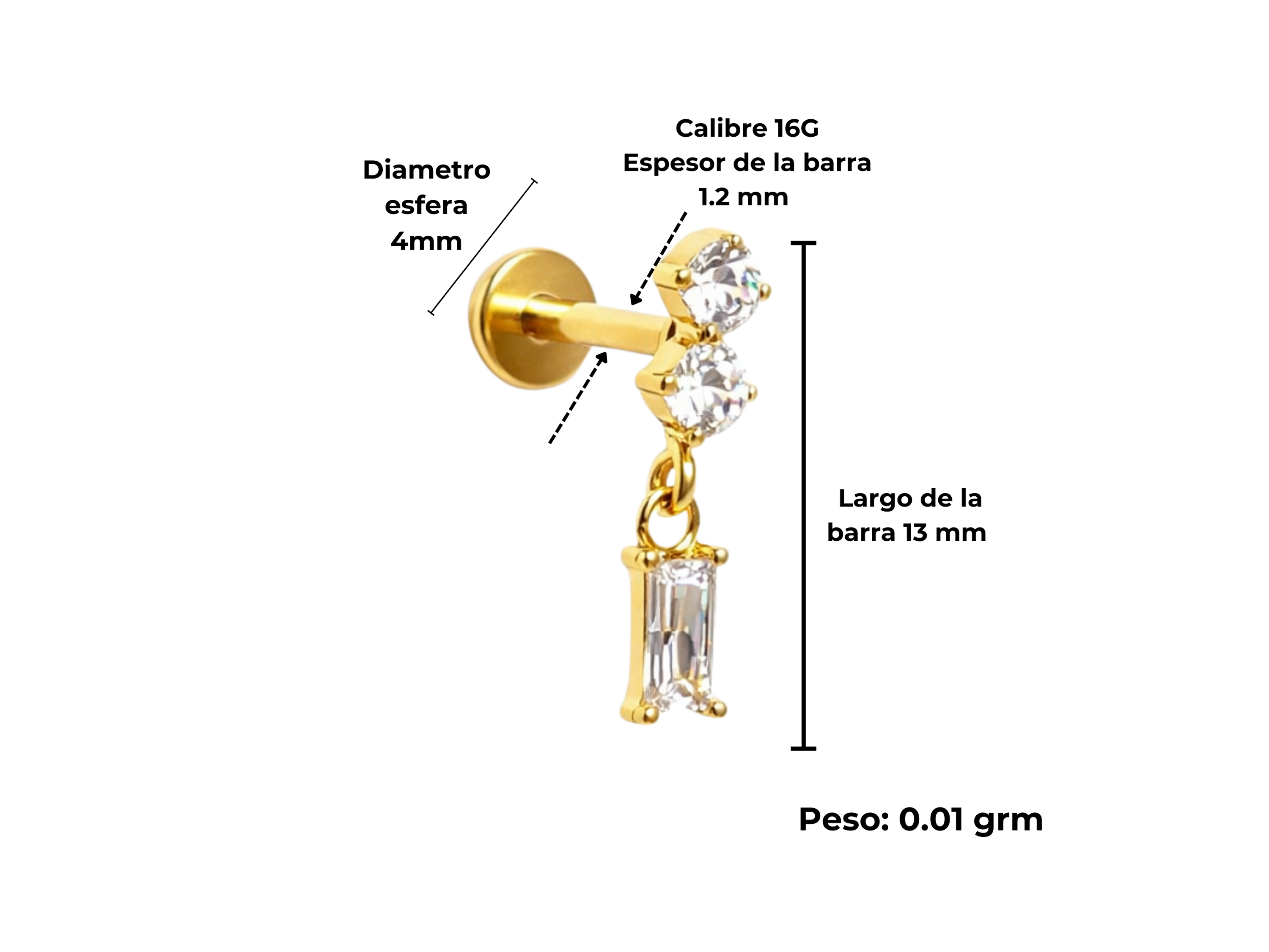 Piercing Ivis labret colgante zirconia 16G Titanio F136 dorado 3