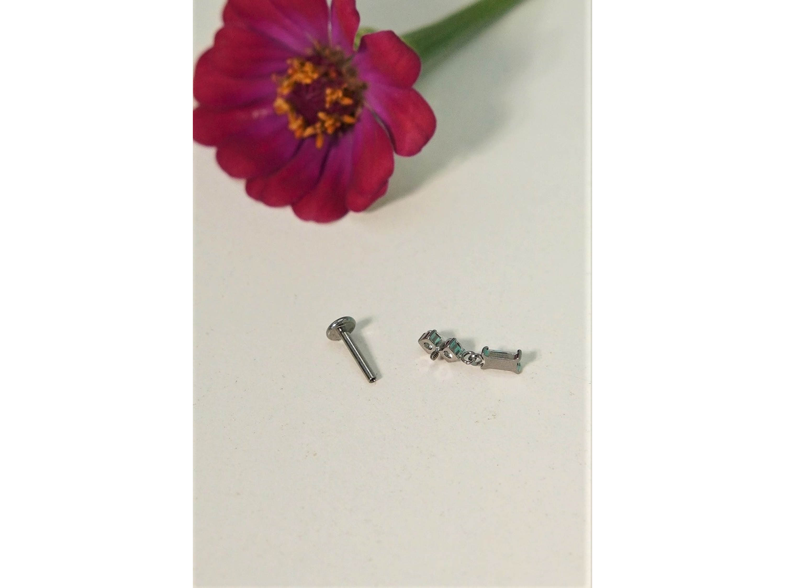 Piercing Ivis labret colgante zirconia 16G Titanio F136 plateados 7