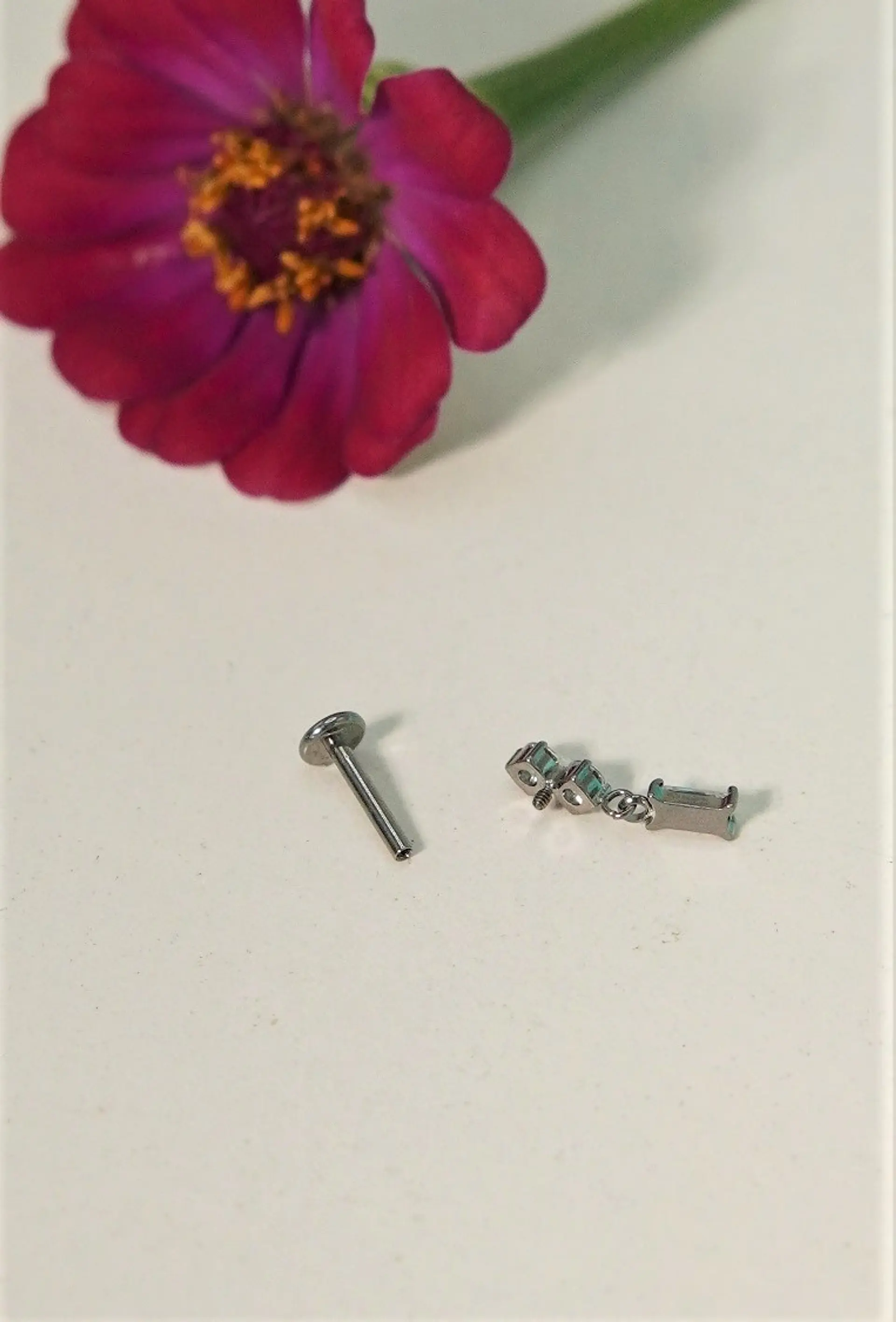 Piercing Ivis labret colgante zirconia 16G Titanio F136 plateados 7