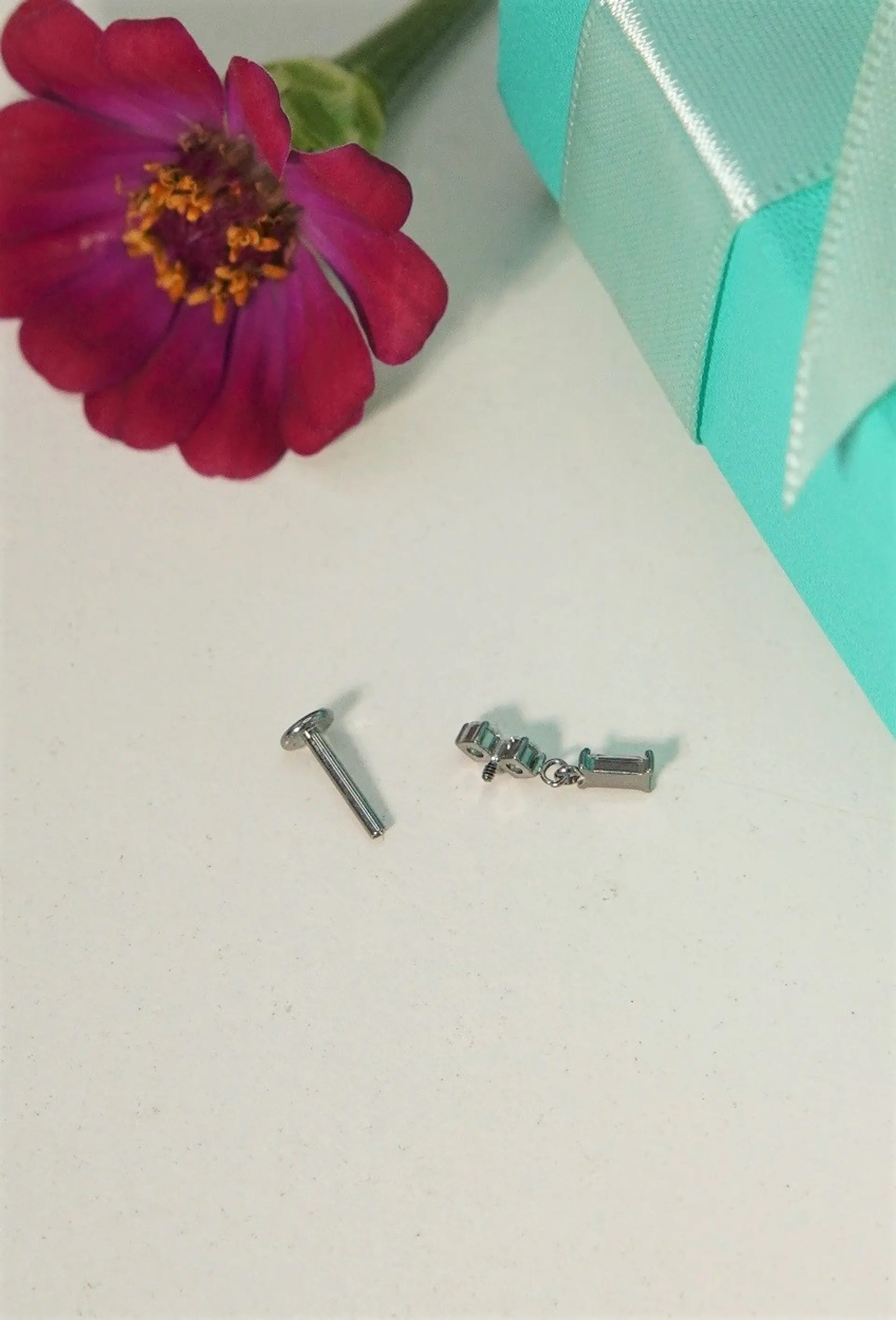 Piercing Ivis labret colgante zirconia 16G Titanio F136 plateados 10