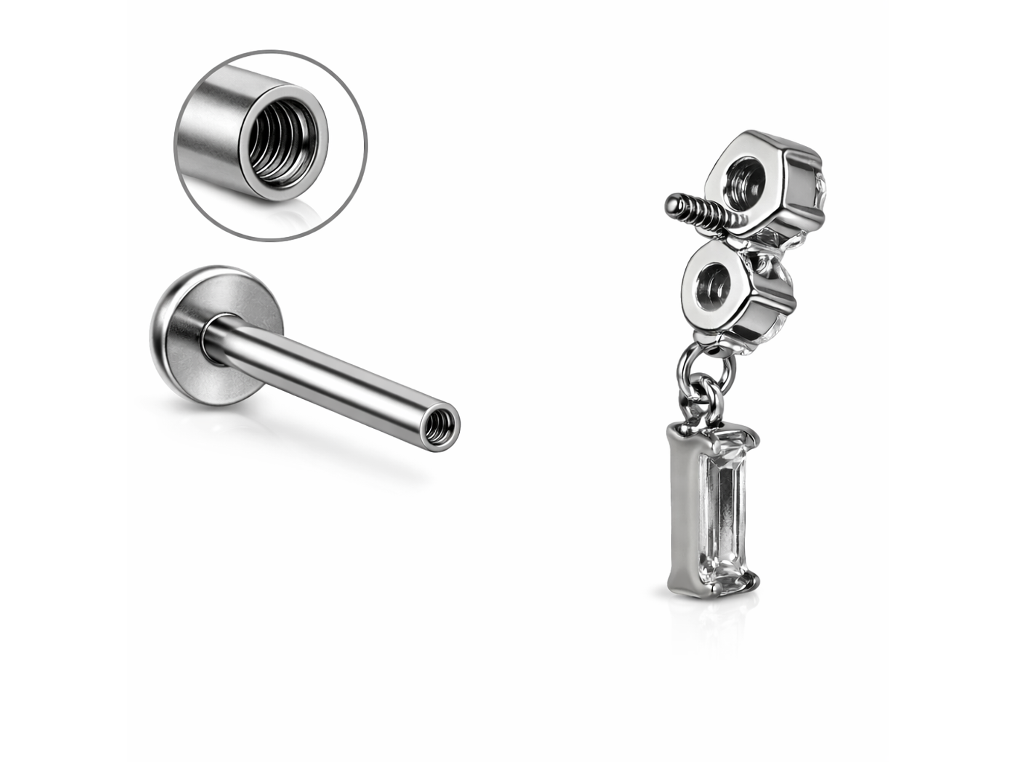 Piercing Ivis labret colgante zirconia 16G Titanio F136 plateados 5