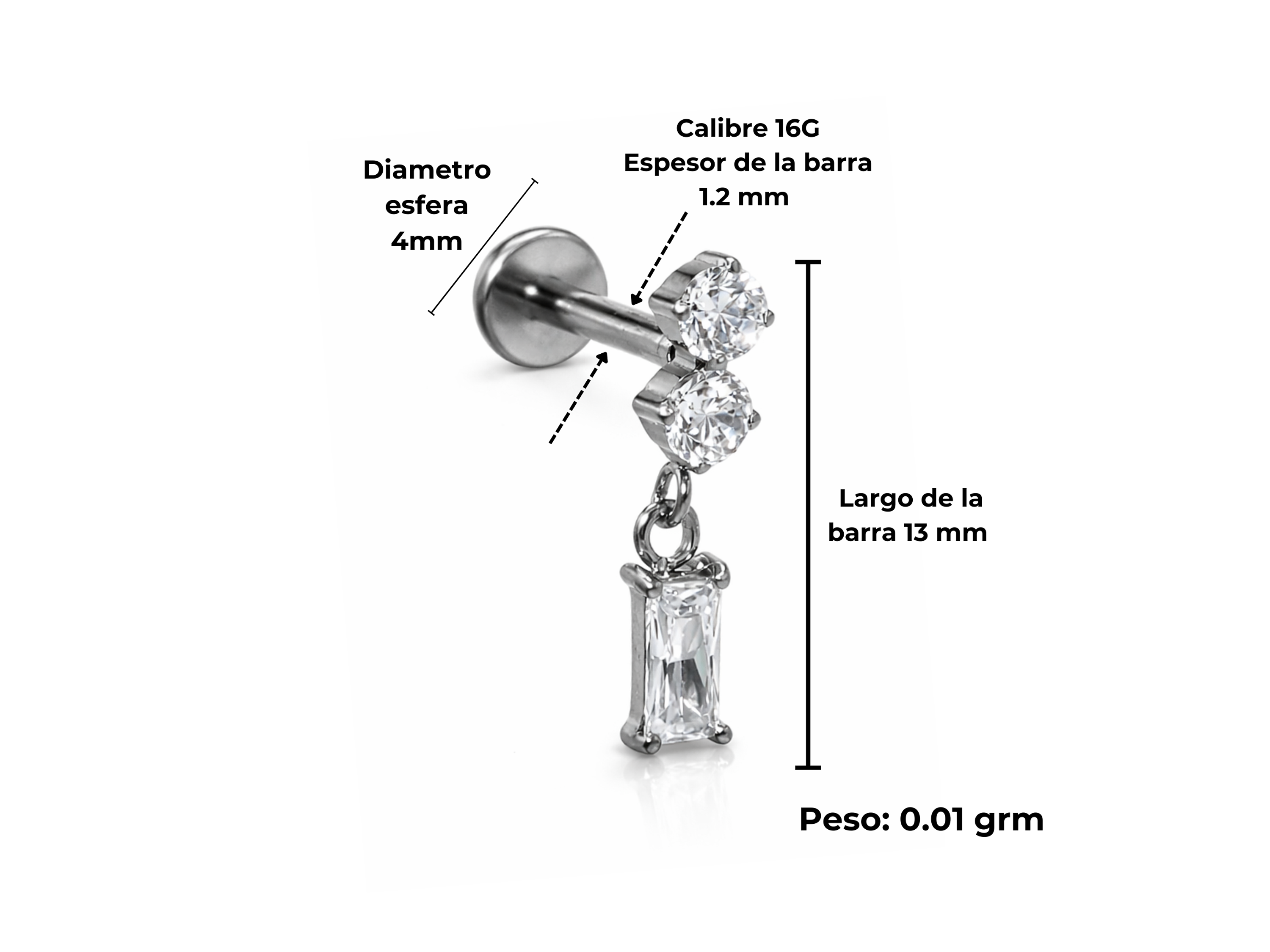Piercing Ivis labret colgante zirconia 16G Titanio F136 plateados 3