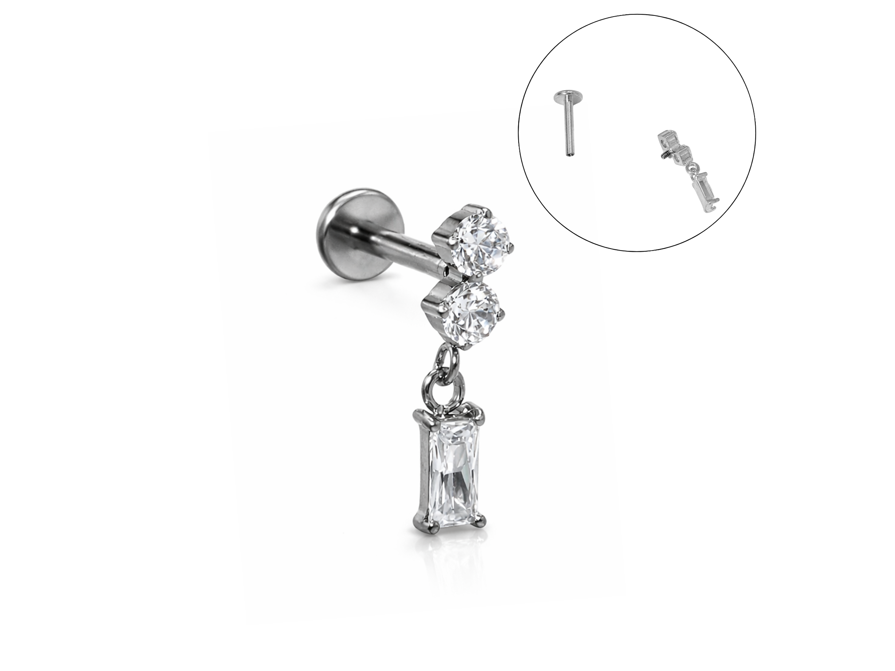 Piercing Ivis labret colgante zirconia 16G Titanio F136 plateados 1