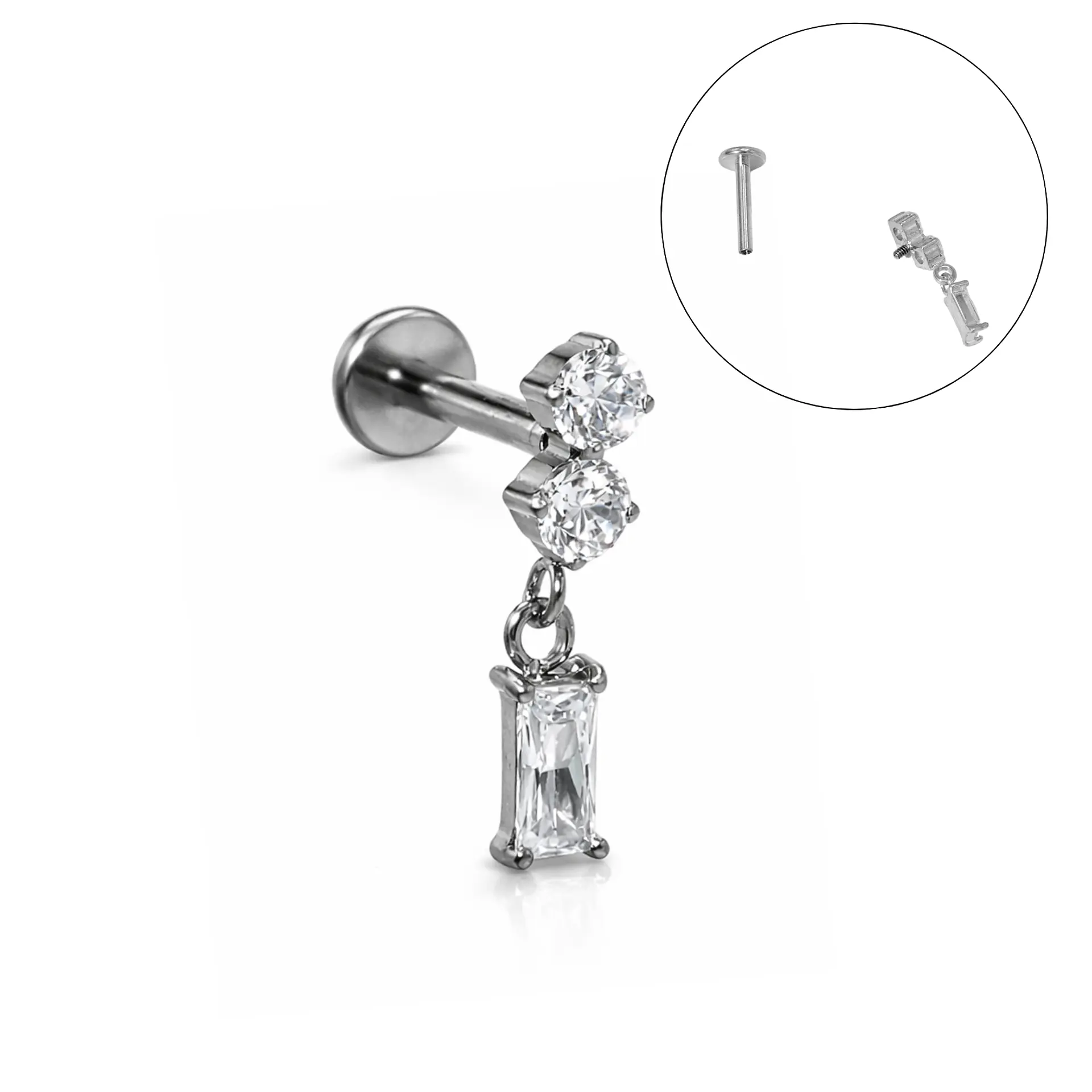 Piercing Ivis labret colgante zirconia 16G Titanio F136 plateados 1