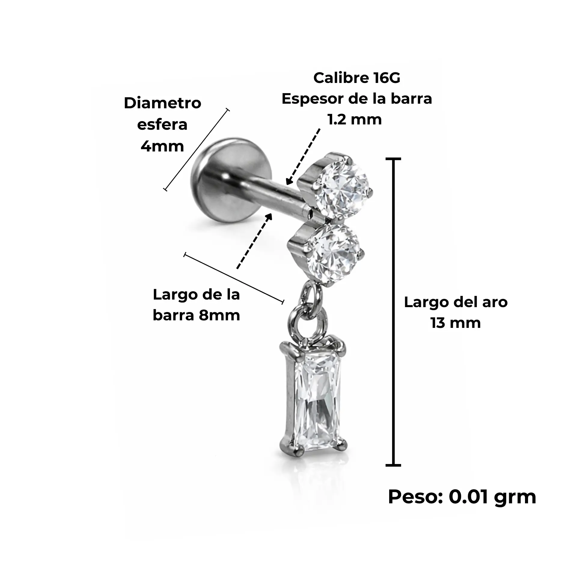 Piercing Ivis labret colgante zirconia 16G Titanio F136 plateados 3