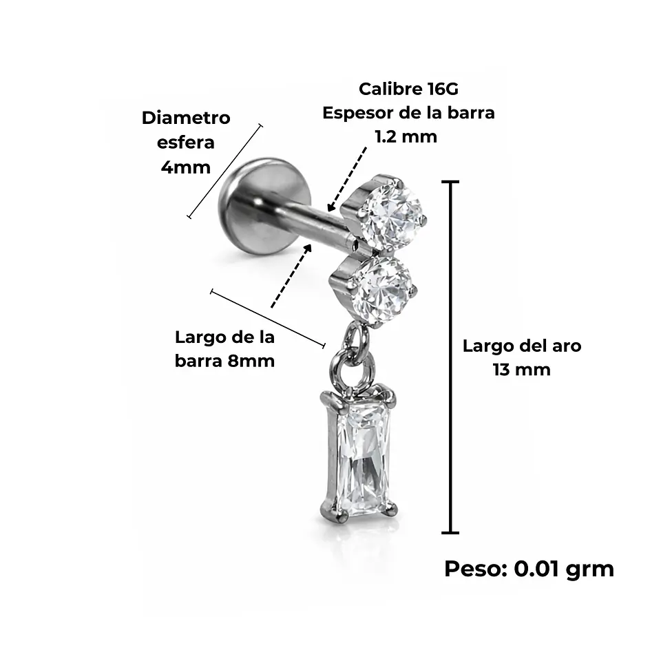 Piercing Ivis labret colgante zirconia 16G Titanio F136 plateados 3