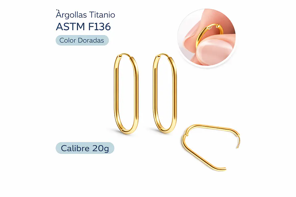 Argollas Aura Ovaladas Doradas Titanio ASTM F136 PVD Oro 18K 20G 5