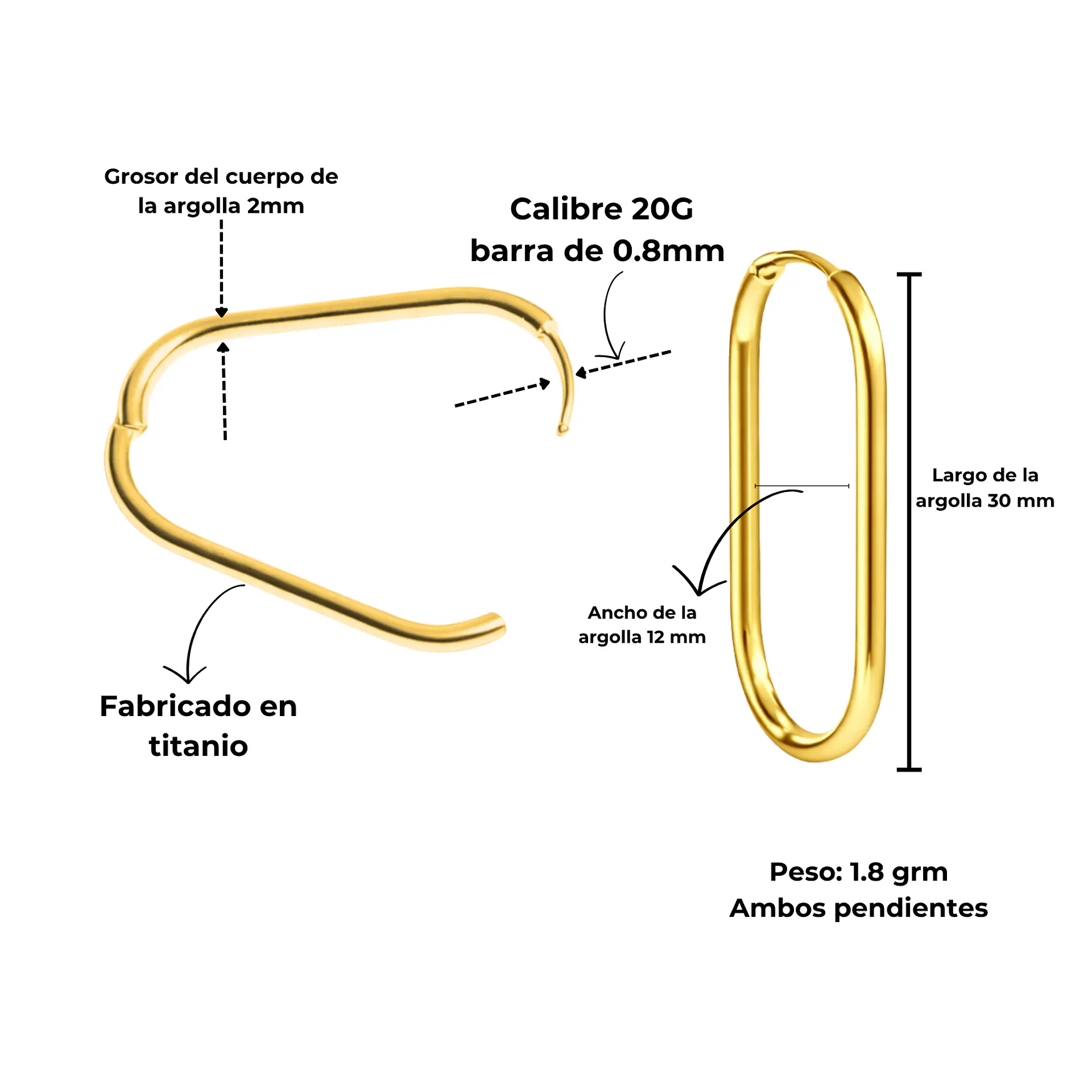 Argollas Aura Ovaladas Doradas Titanio ASTM F136 PVD Oro 18K 20G 3
