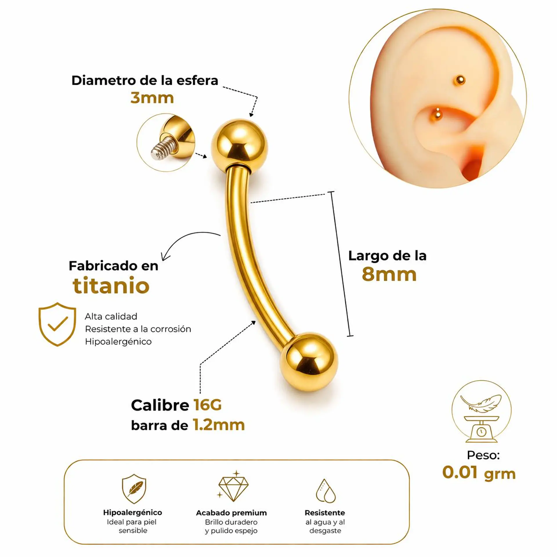 Piercing Rook Sienna Titanio 16G Barra Curva 8 mm 3