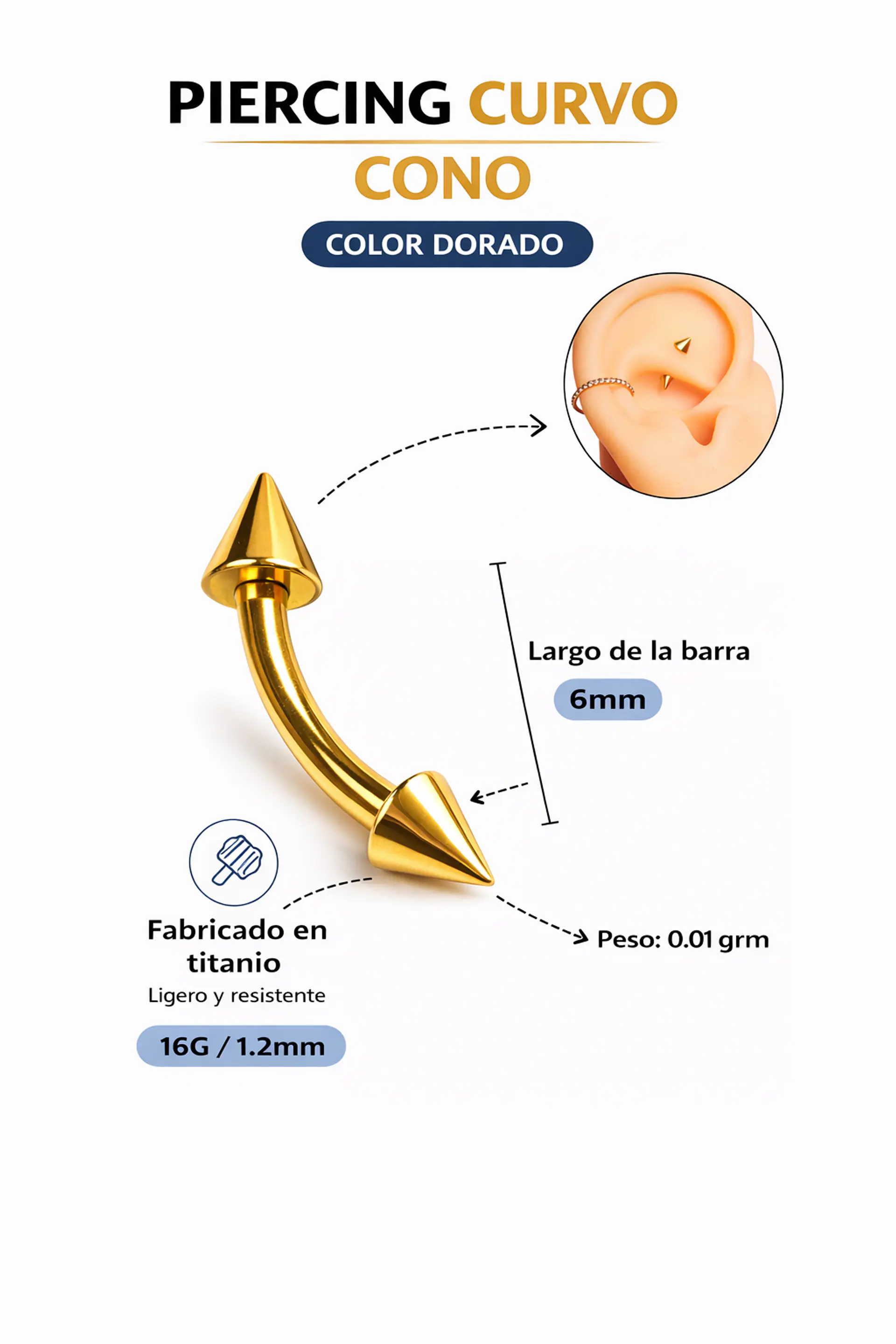 Piercing Rook Valentina Titanio 16G Barra Curva 6 mm 2