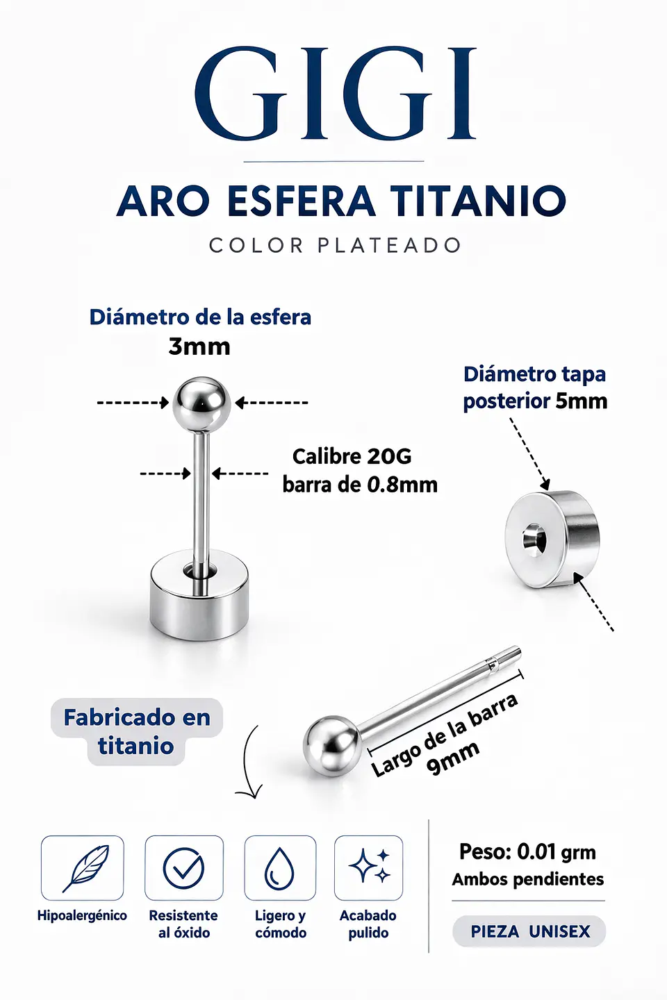 Aros esfera de seguridad Gigi titanio F136 barra larga 9mm 3