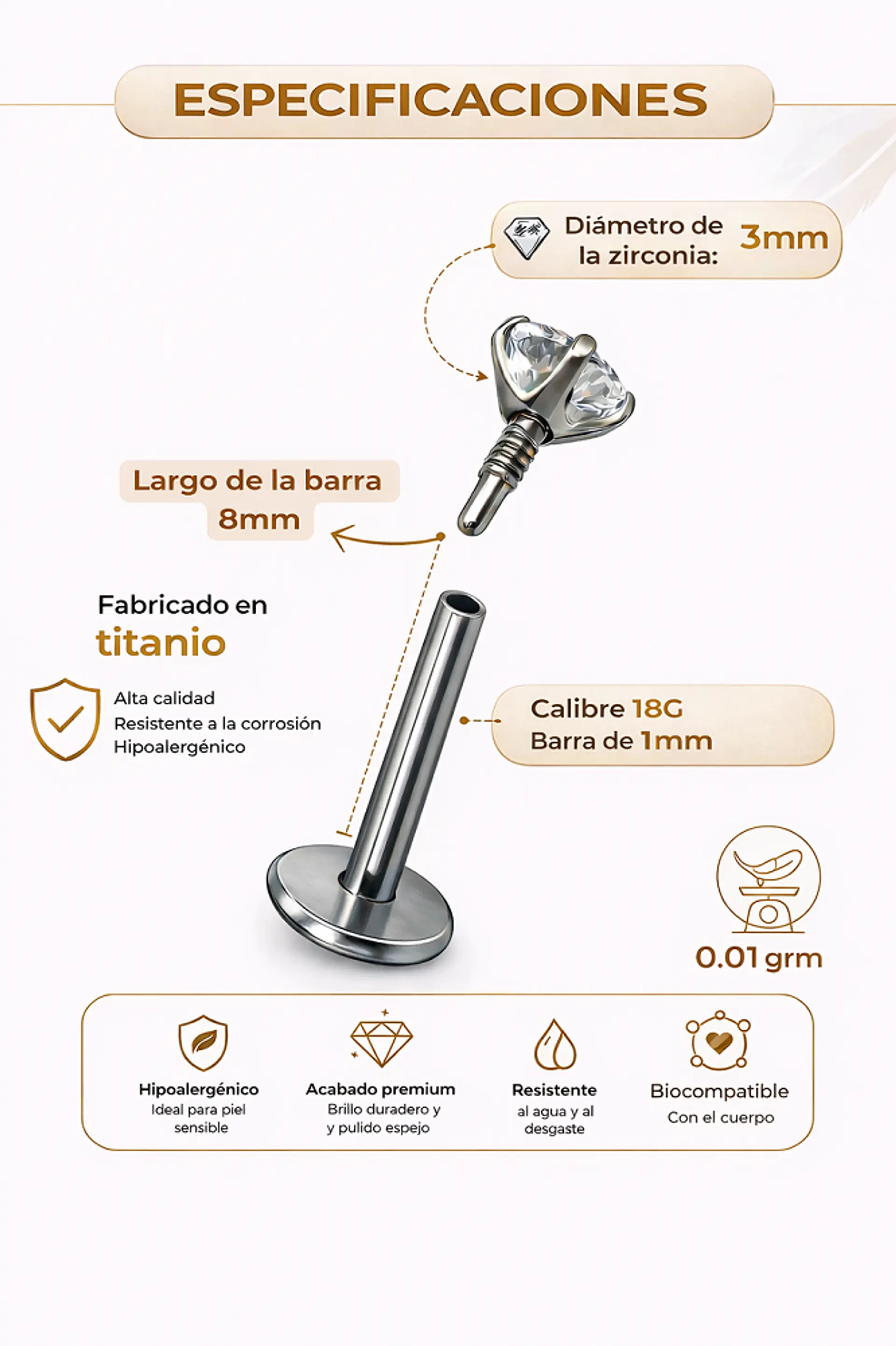 Piercing Labret Perno Tornillo 8mm Punto Luz Titanio Astm F136 2