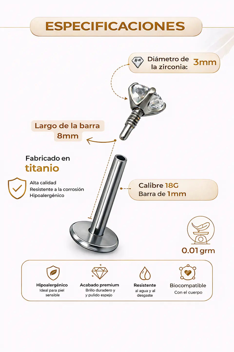 Piercing Labret Perno Tornillo 8mm Punto Luz Titanio Astm F136 2