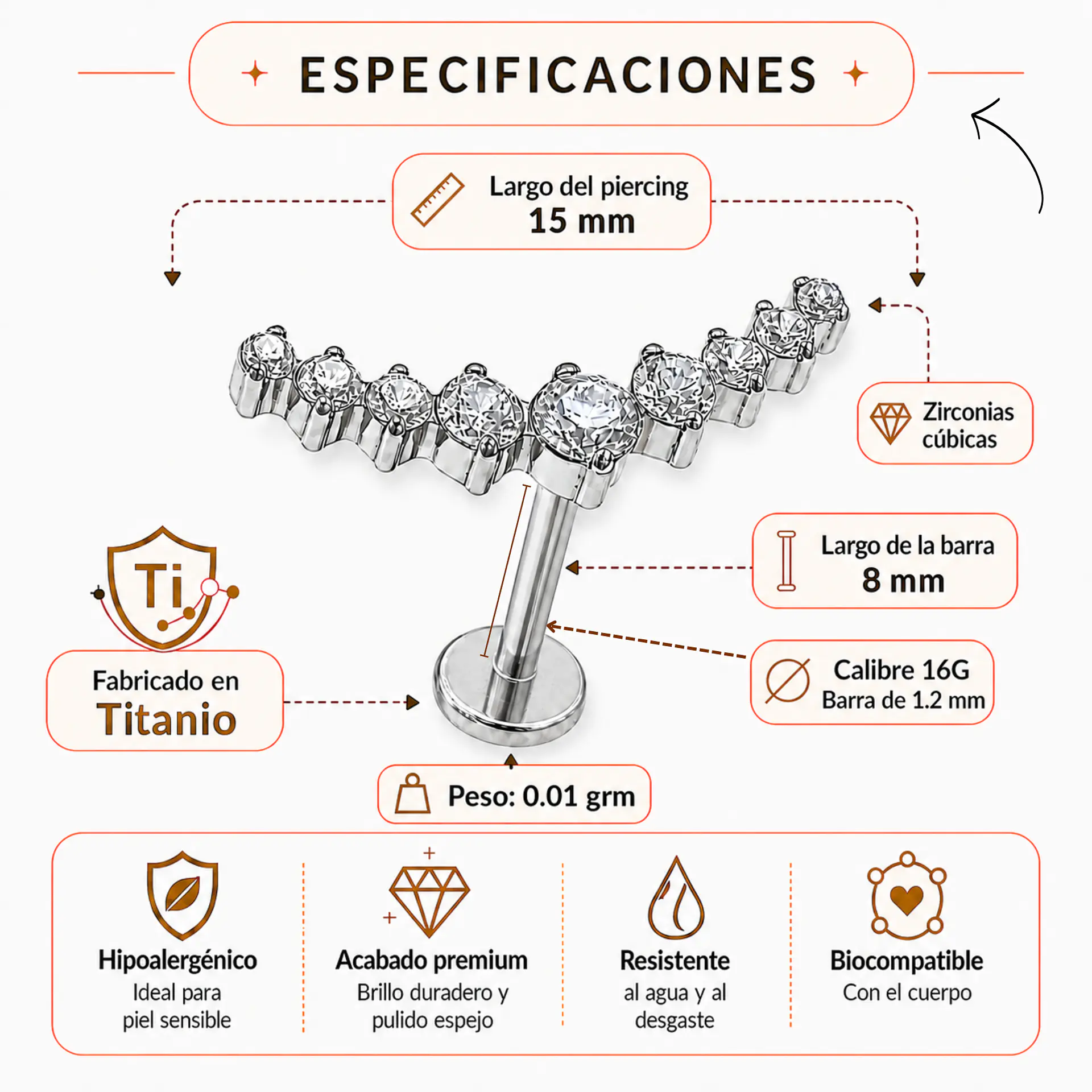 Piercing Labret Lucilla Astm F136 Titanio Zirconia 8mm 3