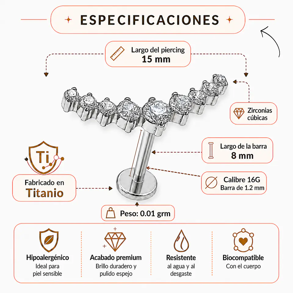 Piercing Labret Lucilla Astm F136 Titanio Zirconia 8mm 3