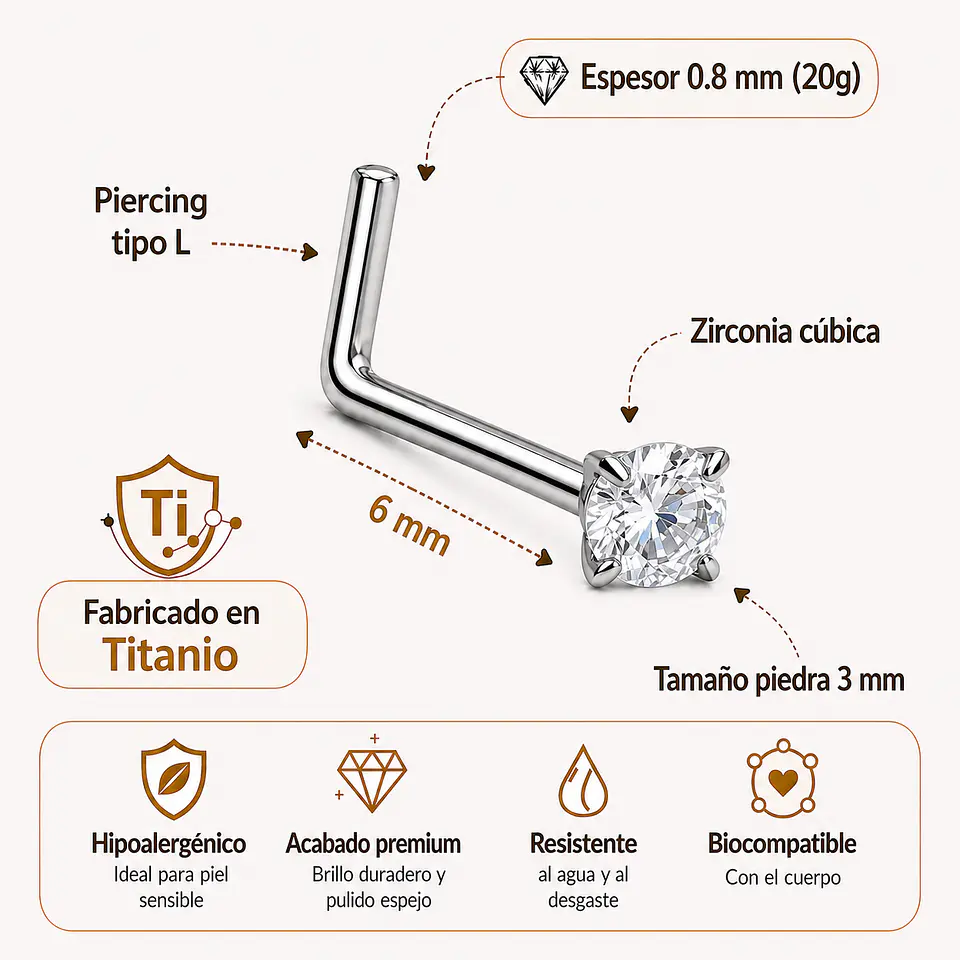 Piercing nostril 20G tipo L 3mm titanio ASTM F136 cesta 3