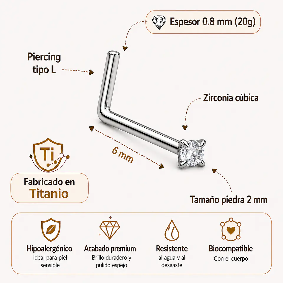 Pack 2 Piercings tipo L 2mm doble nostril simétrico titanio ASTM F136 3