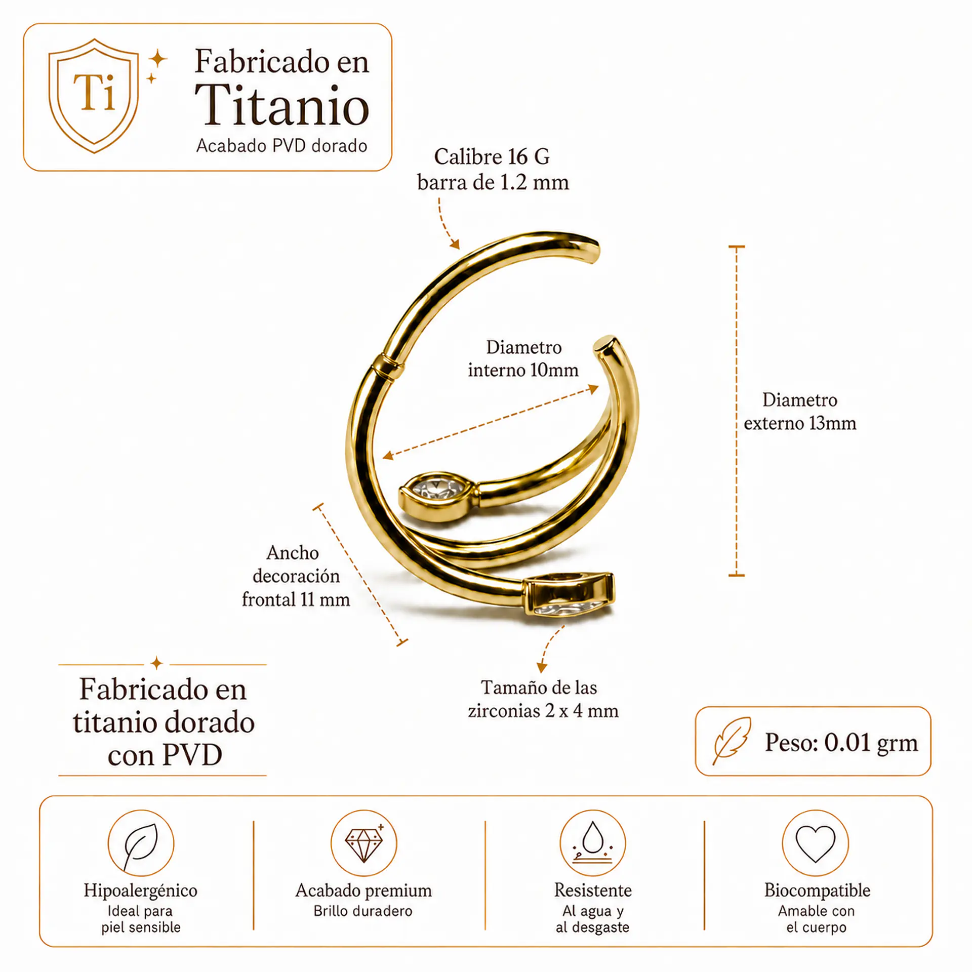 Piercing argolla Eva zirconias titanium astm 136 dorado PVD 10mm 16g 3