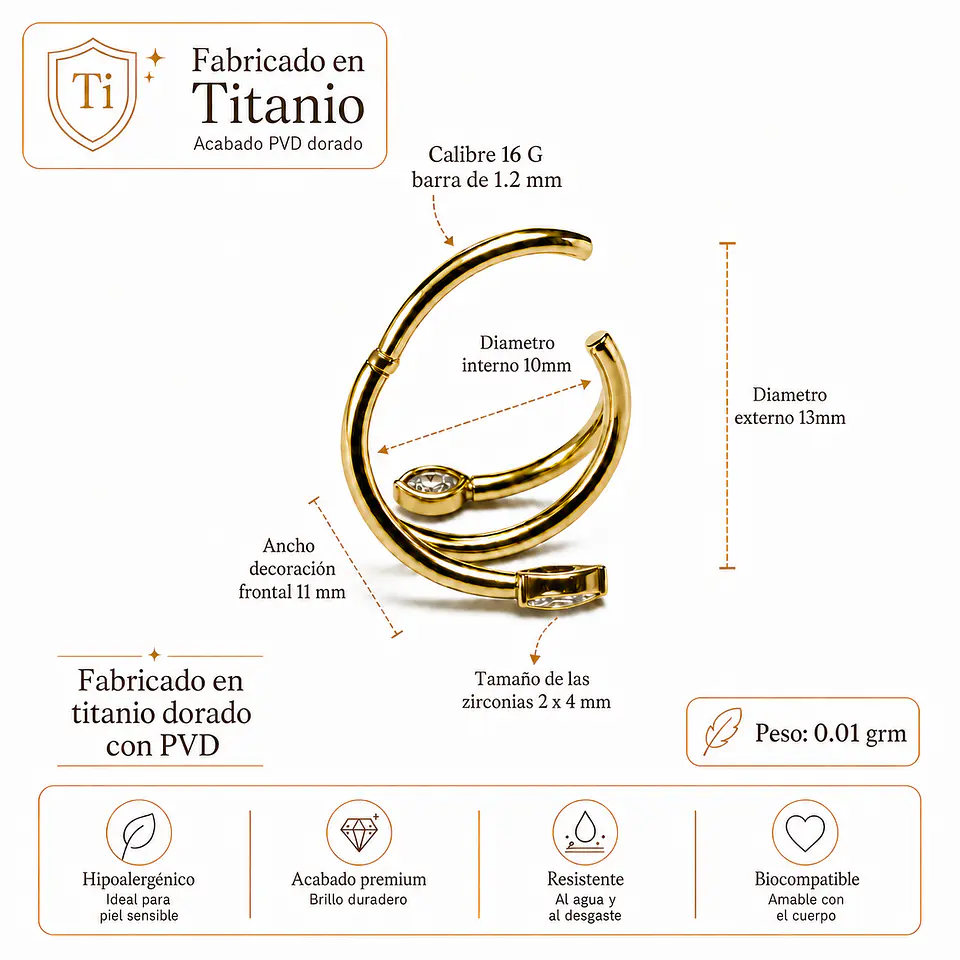 Piercing argolla Eva zirconias titanium astm 136 dorado PVD 10mm 16g 3