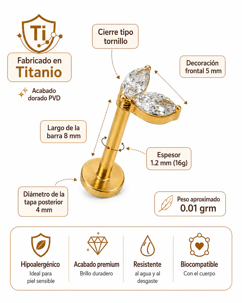 Piercing Alba Labret 16g barra 8mm Titanio PVD En Oro 18k 3