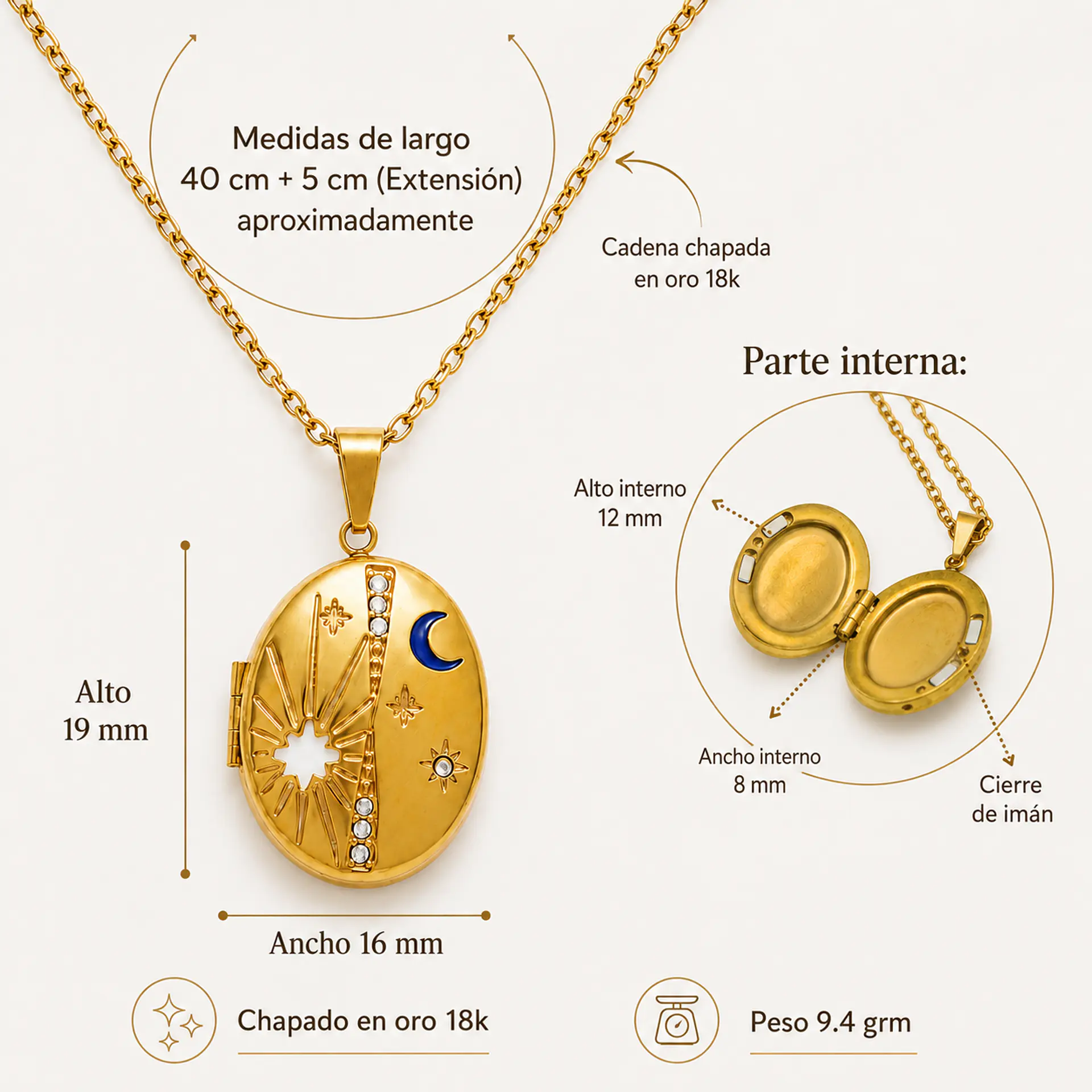 Relicario Catalina imantado luna y estrellas chapadas en oro 18k 3