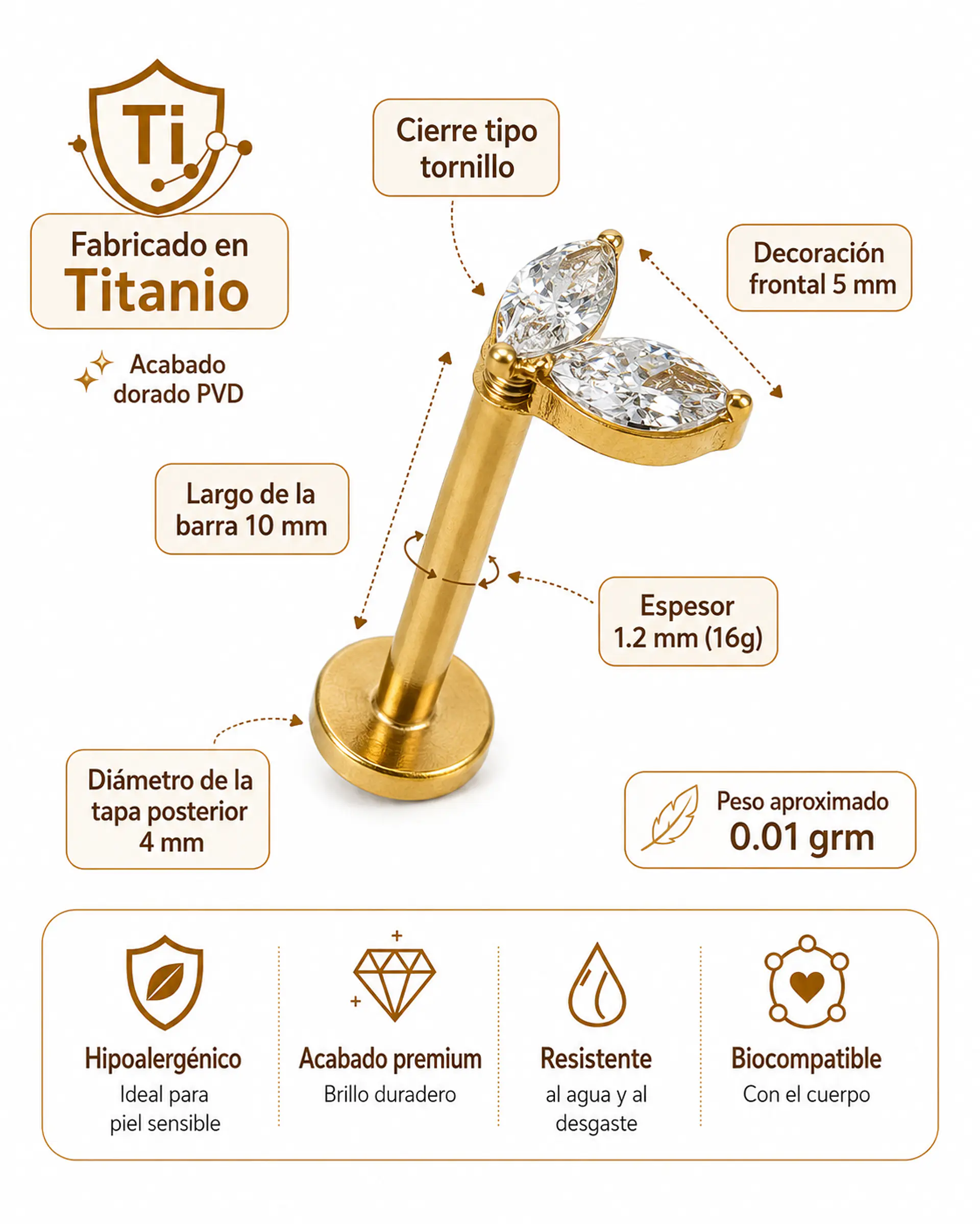 Piercing Labret Alba 16g barra 10mm Titanio PVD con Oro 18k 3