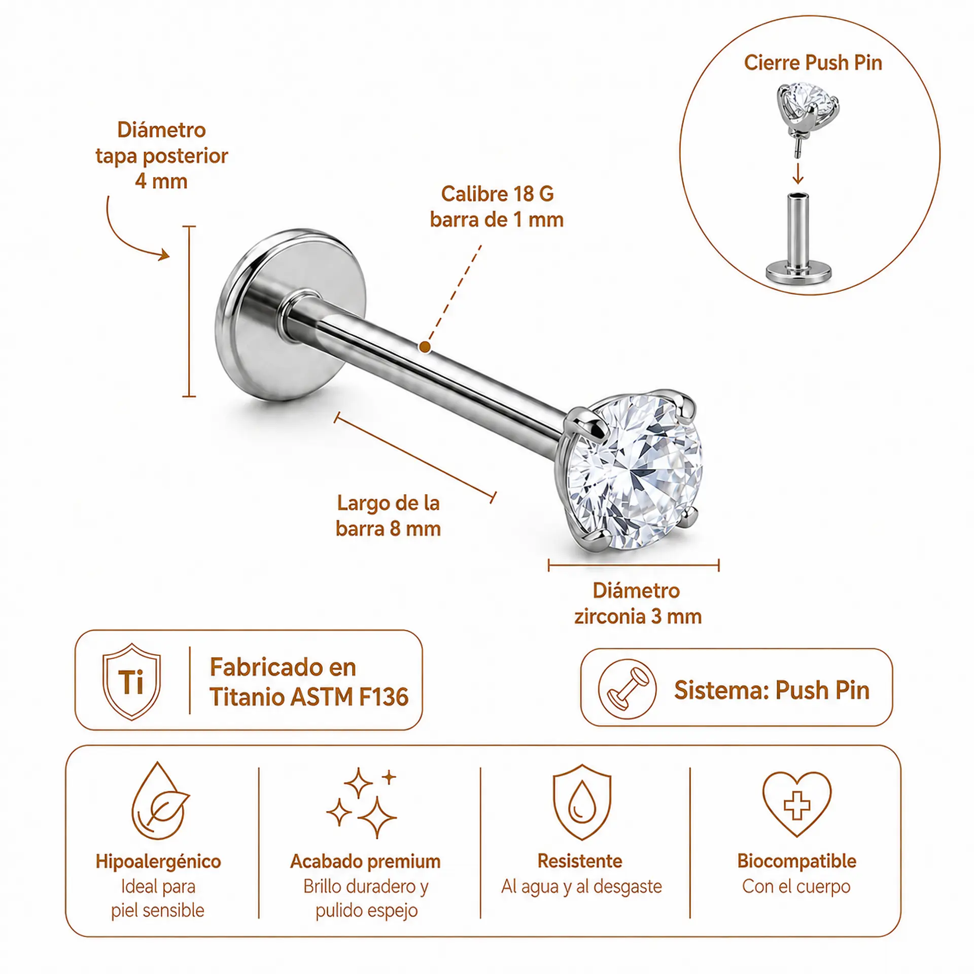 Piercing punto de luz 3mm titanio push pin nostril tragus 4