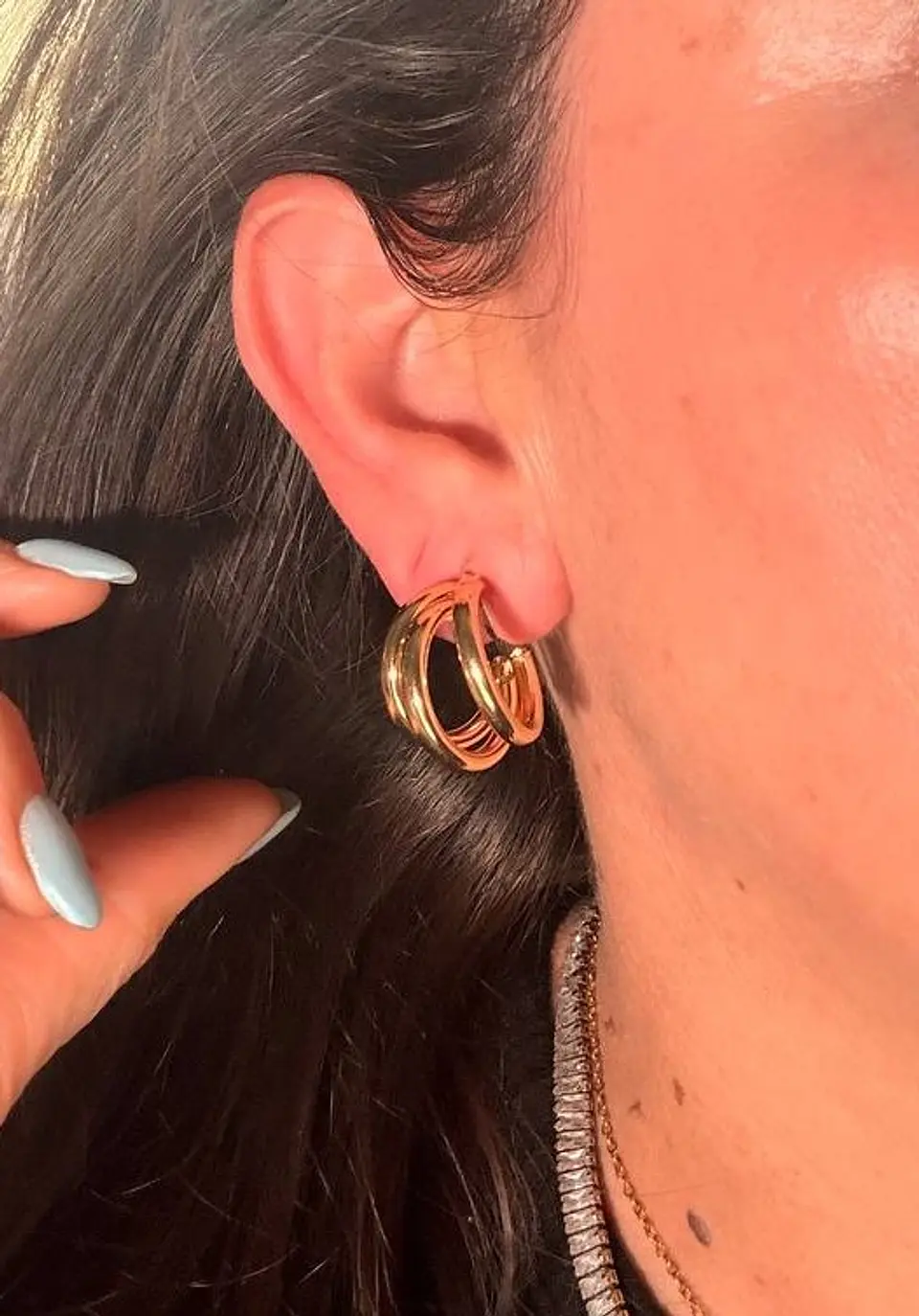 Argollas Sabrina sin perforacion triple aro bañadas en oro 14k 2