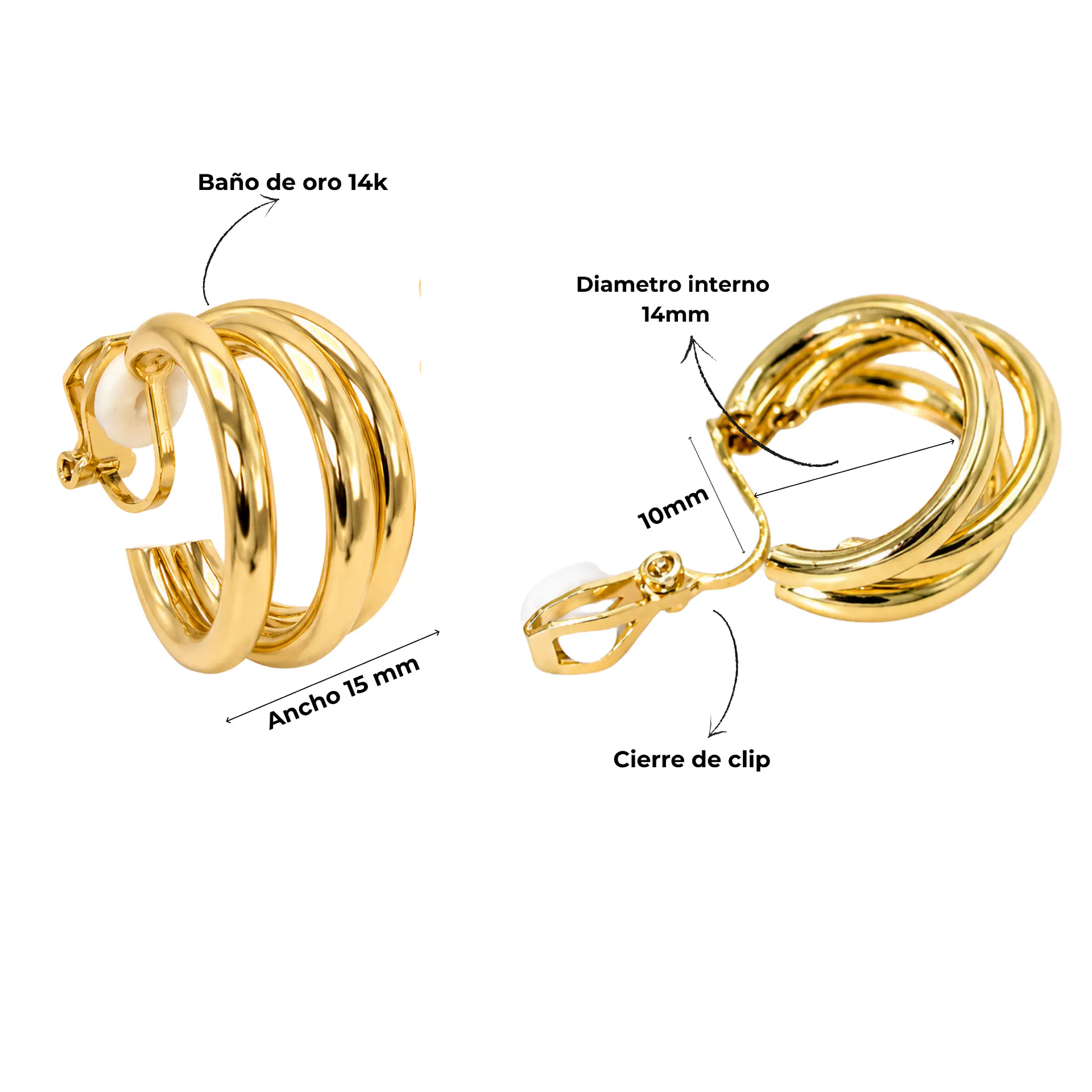Argollas Sabrina sin perforacion triple aro bañadas en oro 14k 3
