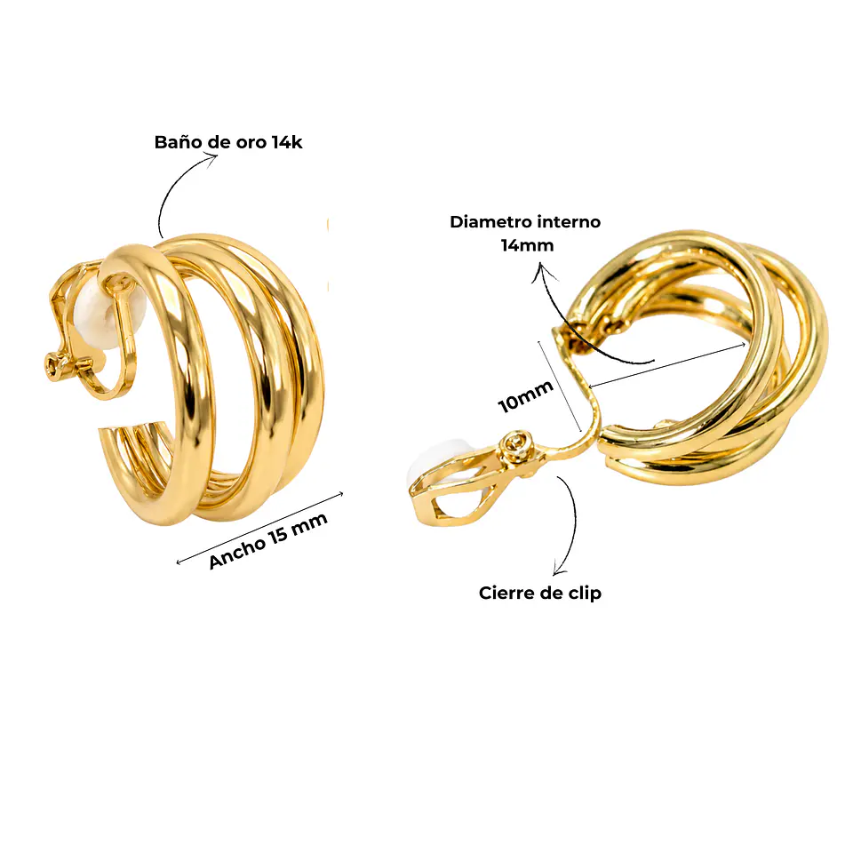 Argollas Sabrina sin perforacion triple aro bañadas en oro 14k 3