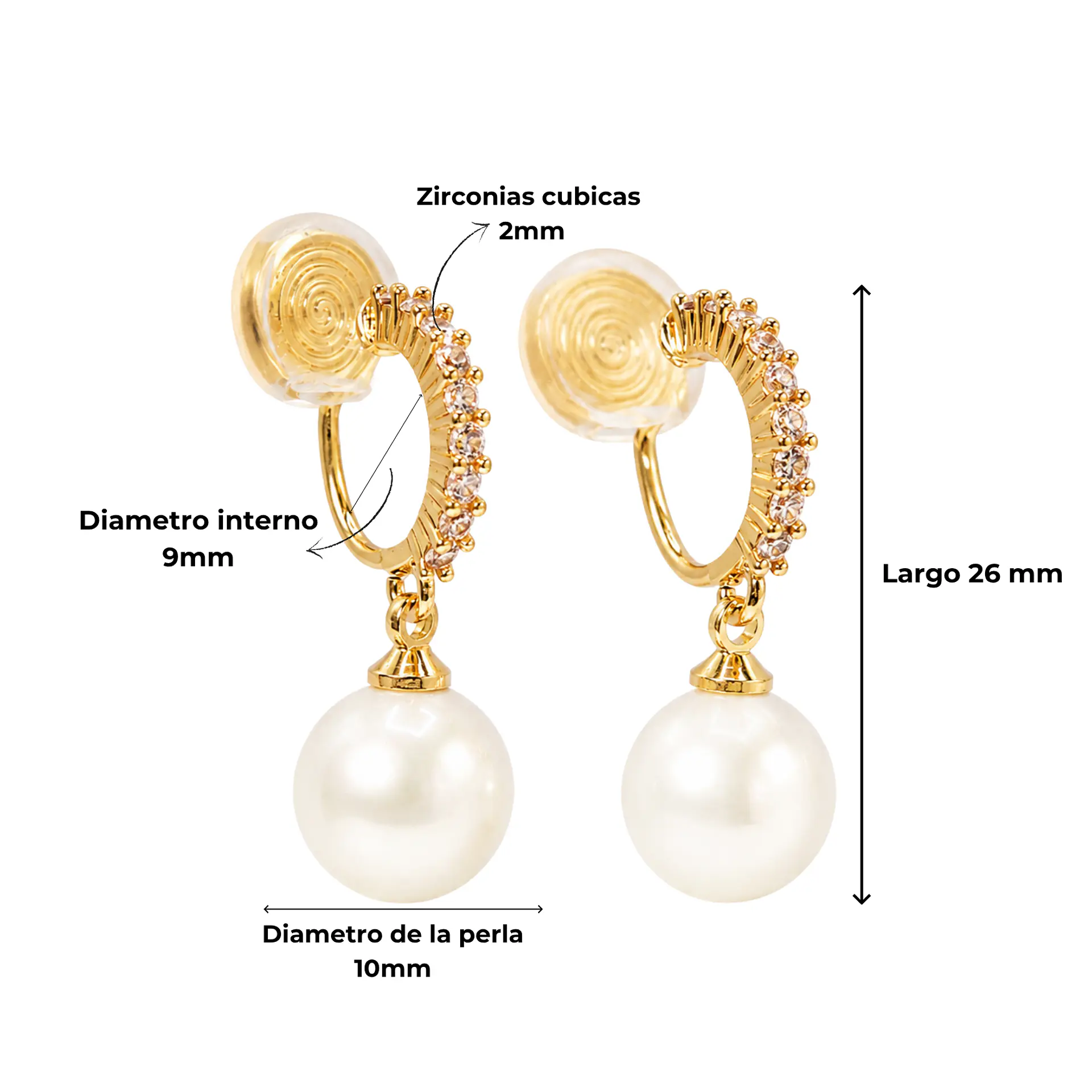 Aros Bella sin perforación perlas zirconias bañados en oro 14k 3